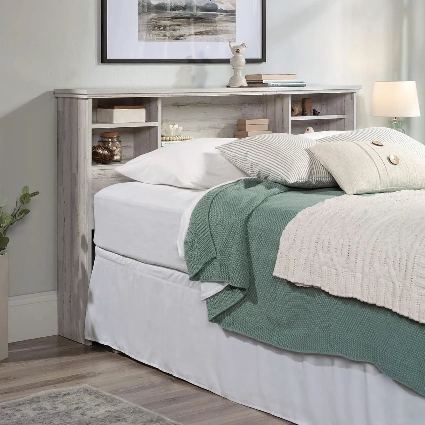 Versatile White Plank Headboard with Adjustable Storage Shelves from PriceLows™
