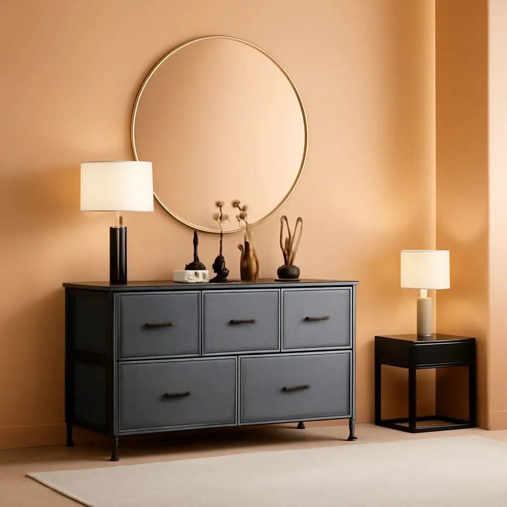 5 Drawer Dark Grey Fabric Chest With Wood Top Bedroom from PriceLows™
