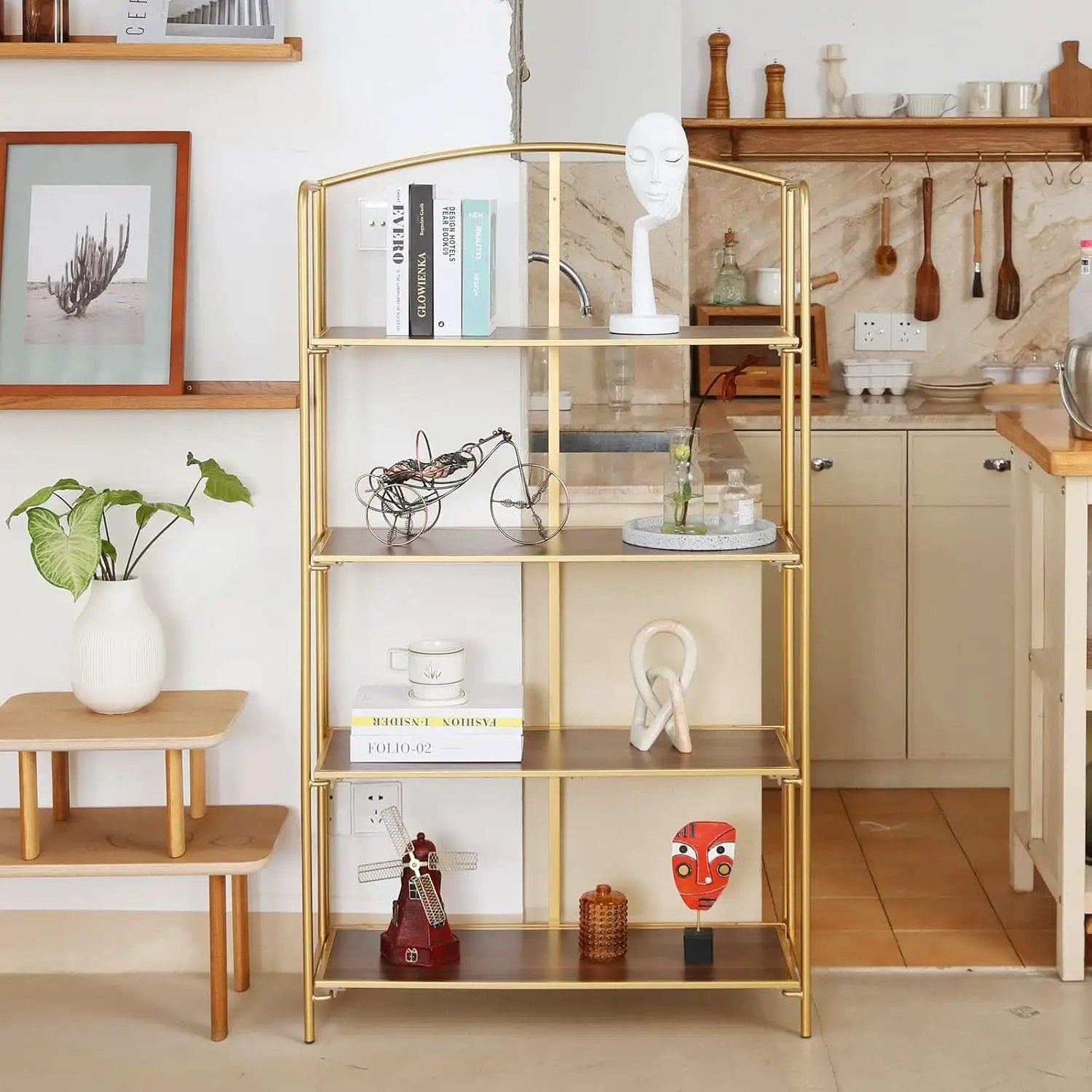 No Assembly Foldable Bookshelf 4 Tier Gold Bookcase from PriceLows™