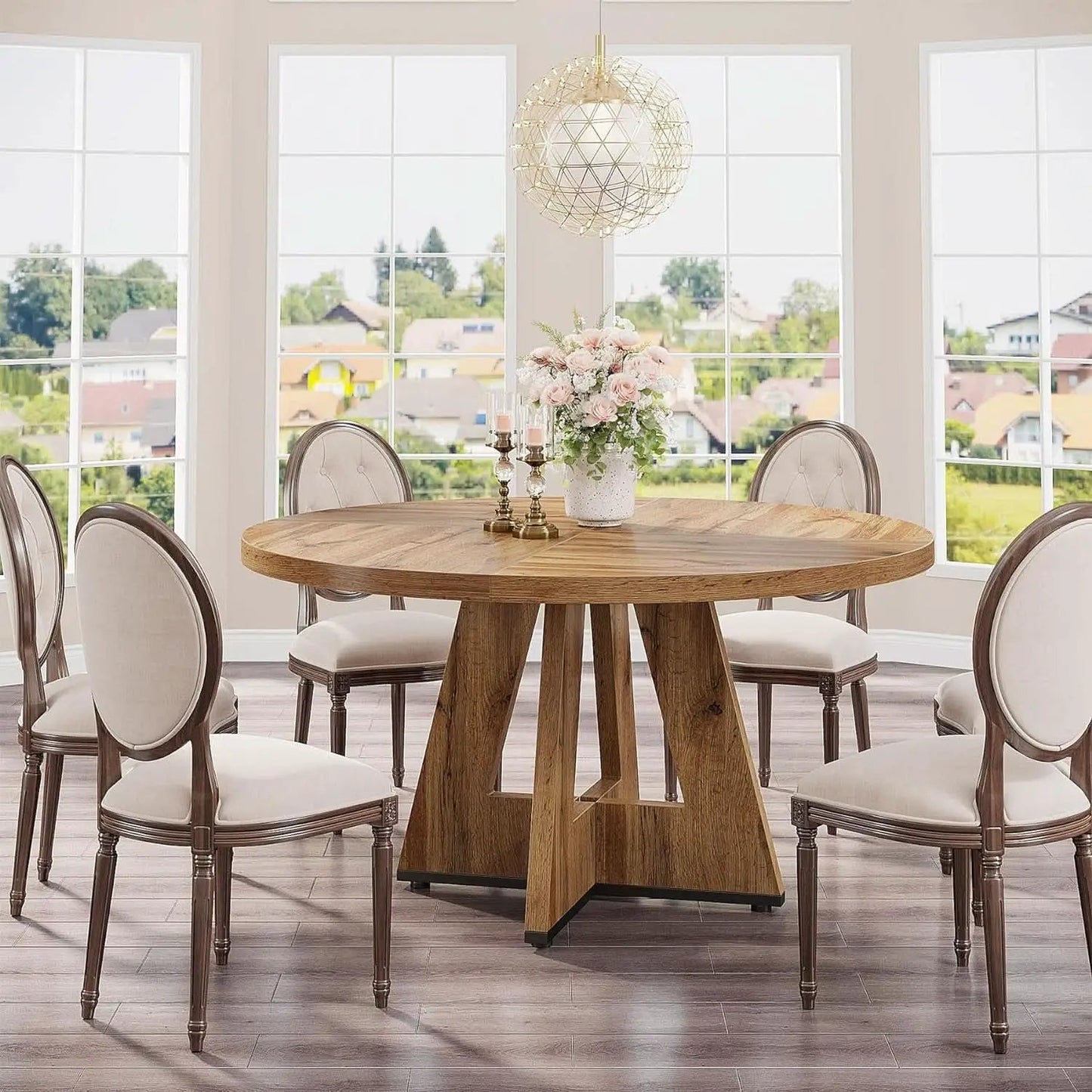Round Dining Table Wood 47 Inch Burlywood Finish Farmhouse from PriceLows™