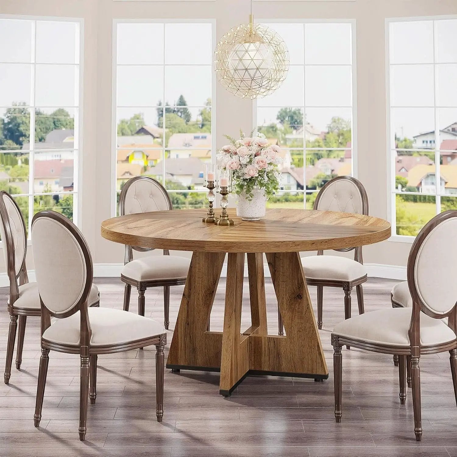 Round Dining Table Wood 47 Inch Burlywood Finish Farmhouse from PriceLows™