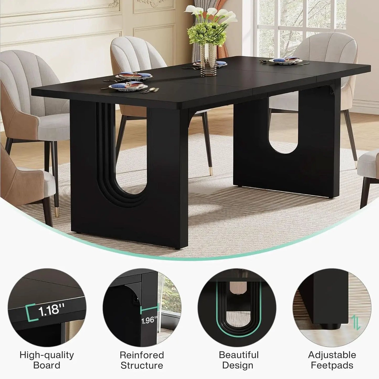 Black 71 Inch Dining Table For Six With Wood Pedestal from PriceLows™