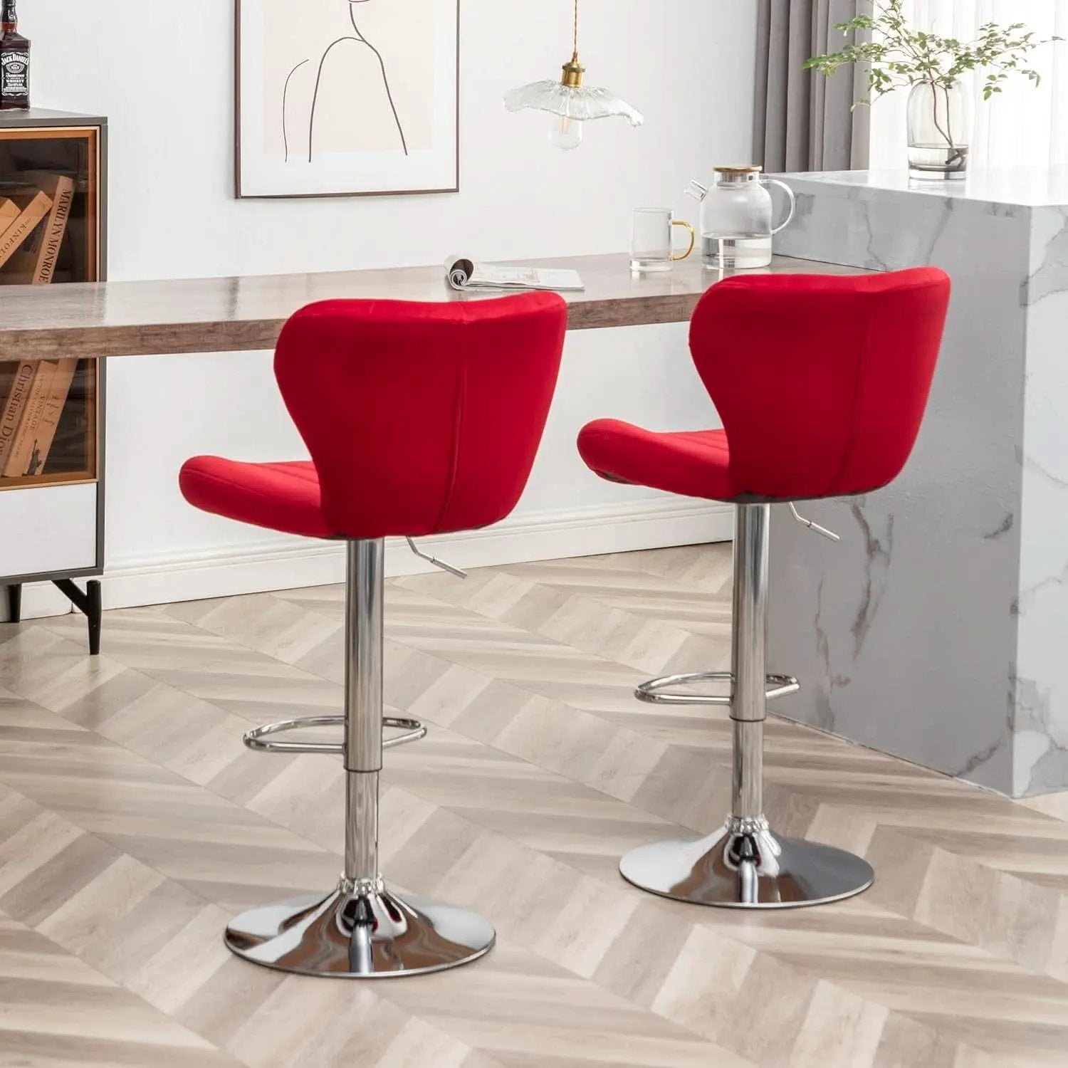 Velvet Adjustable Swivel Bar Stool Set Of 2 In Red from PriceLows™