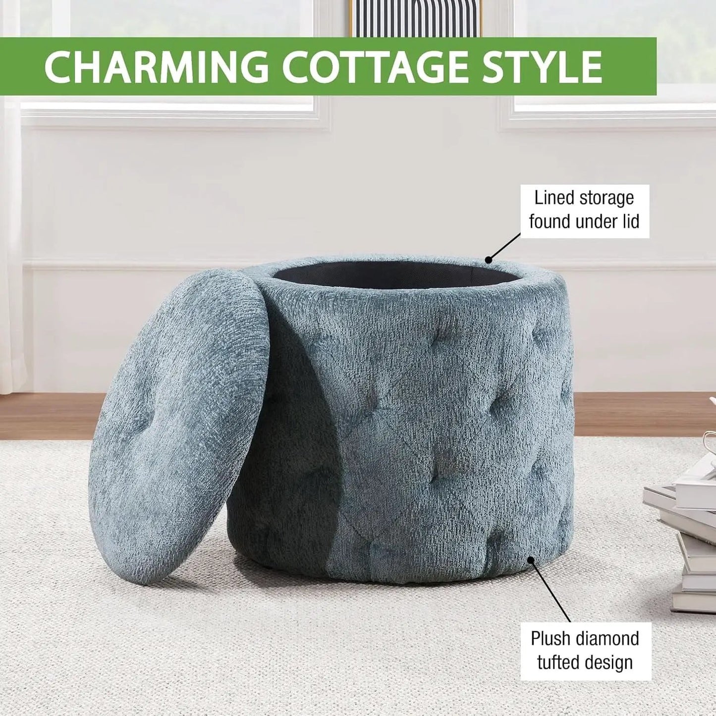 18.75 Inches Circumferential Sky Blue Storage Ottoman from PriceLows™