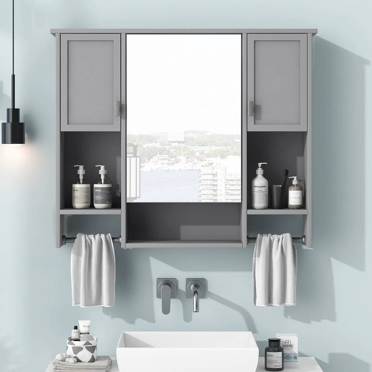 Wall Mounted Bathroom Cabinet With Mirror | Towel Bar | Closed Cabinets And Open Shelves | 35 Inch Width