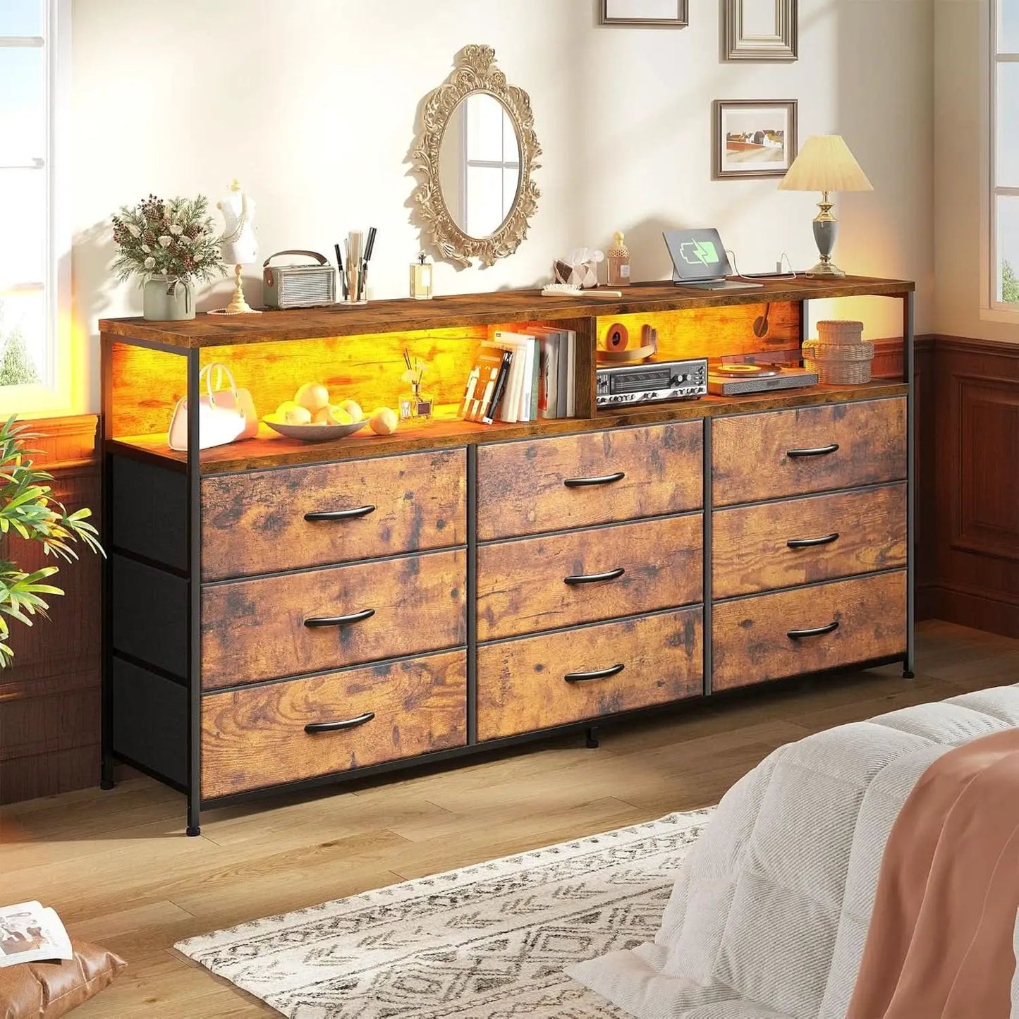 55 Inch Rustic Brown 9-Drawer Entertainment Dresser from PriceLows™