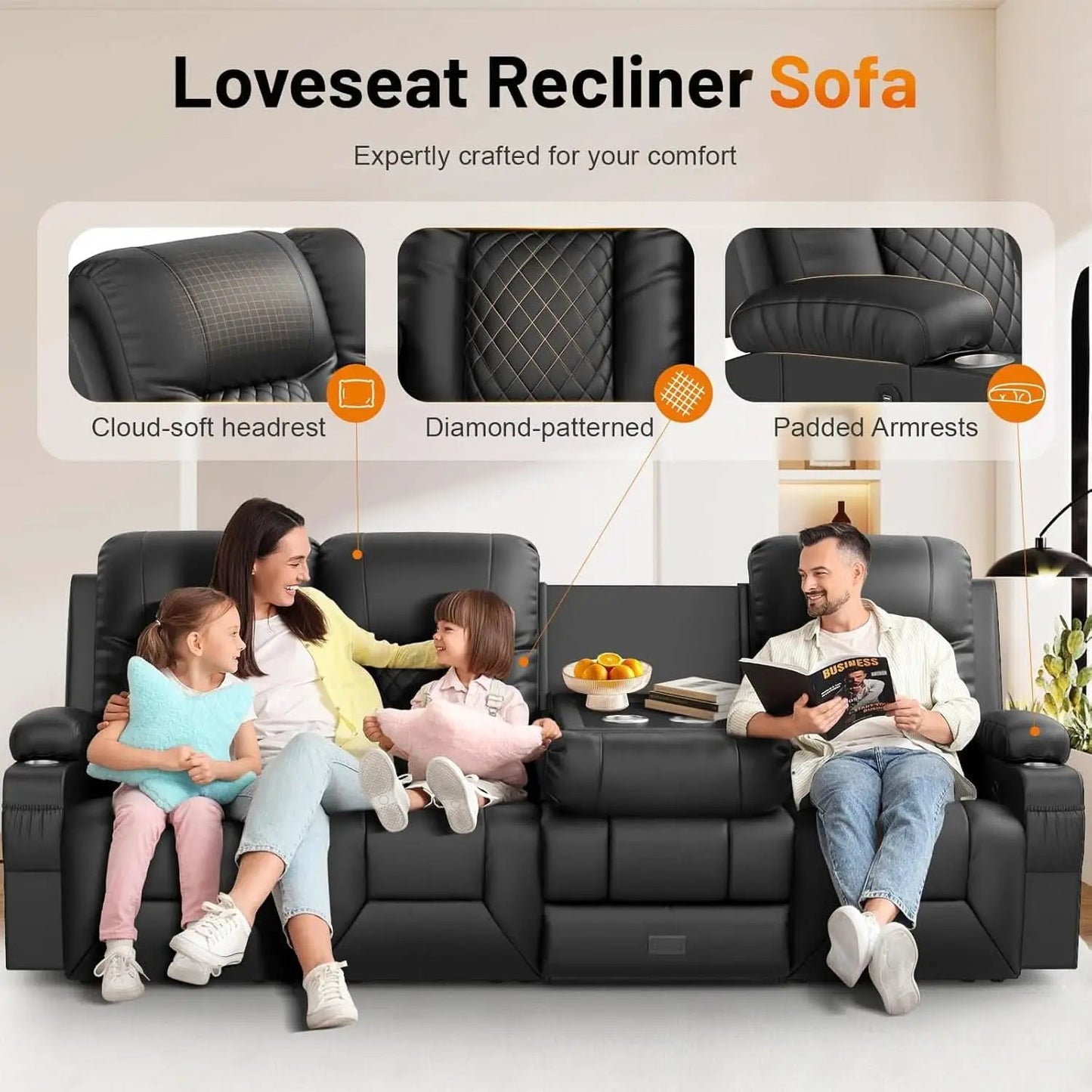 Black PU Leather Four Seater Recliner With USB Ports from PriceLows™