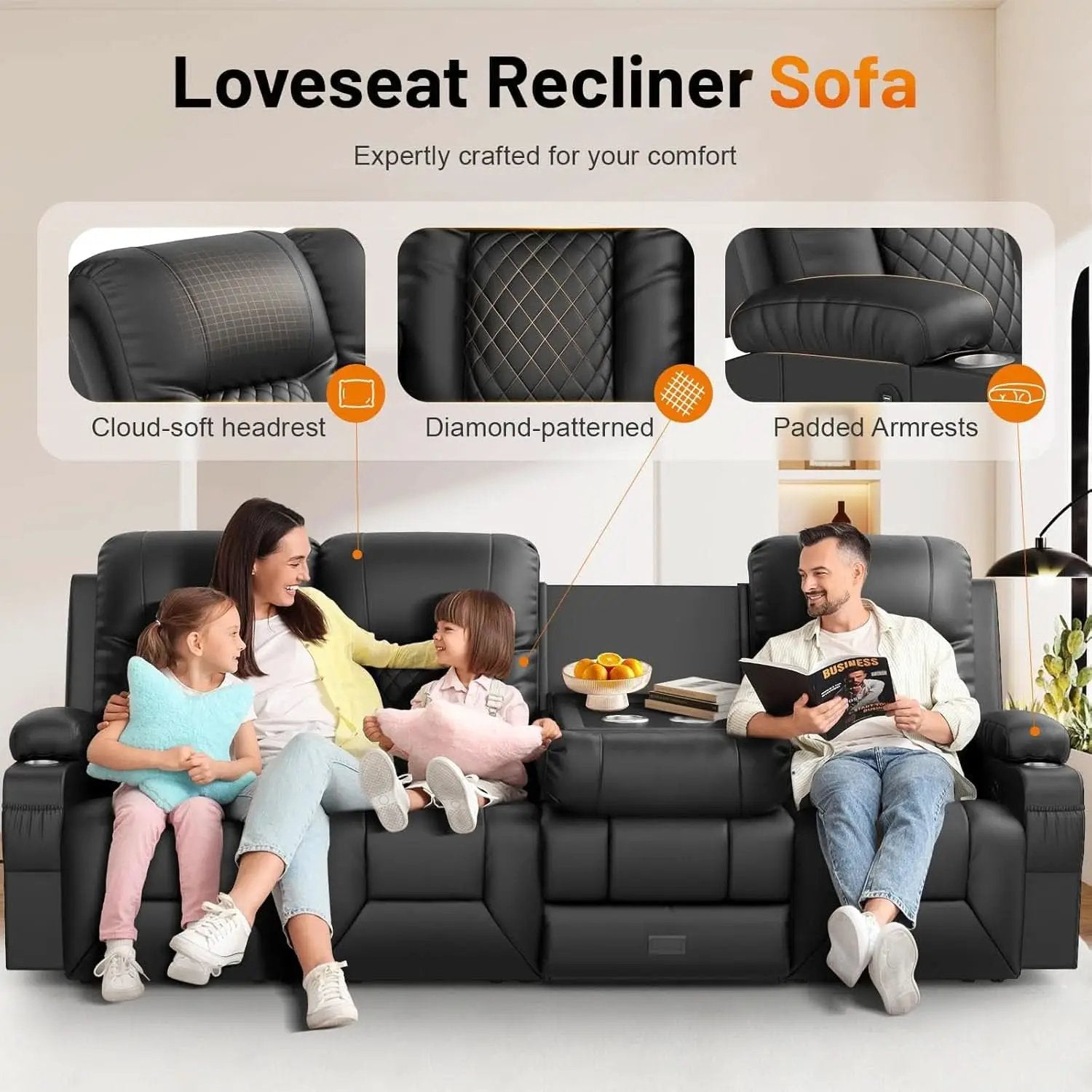 Black PU Leather Four Seater Recliner With USB Ports from PriceLows™