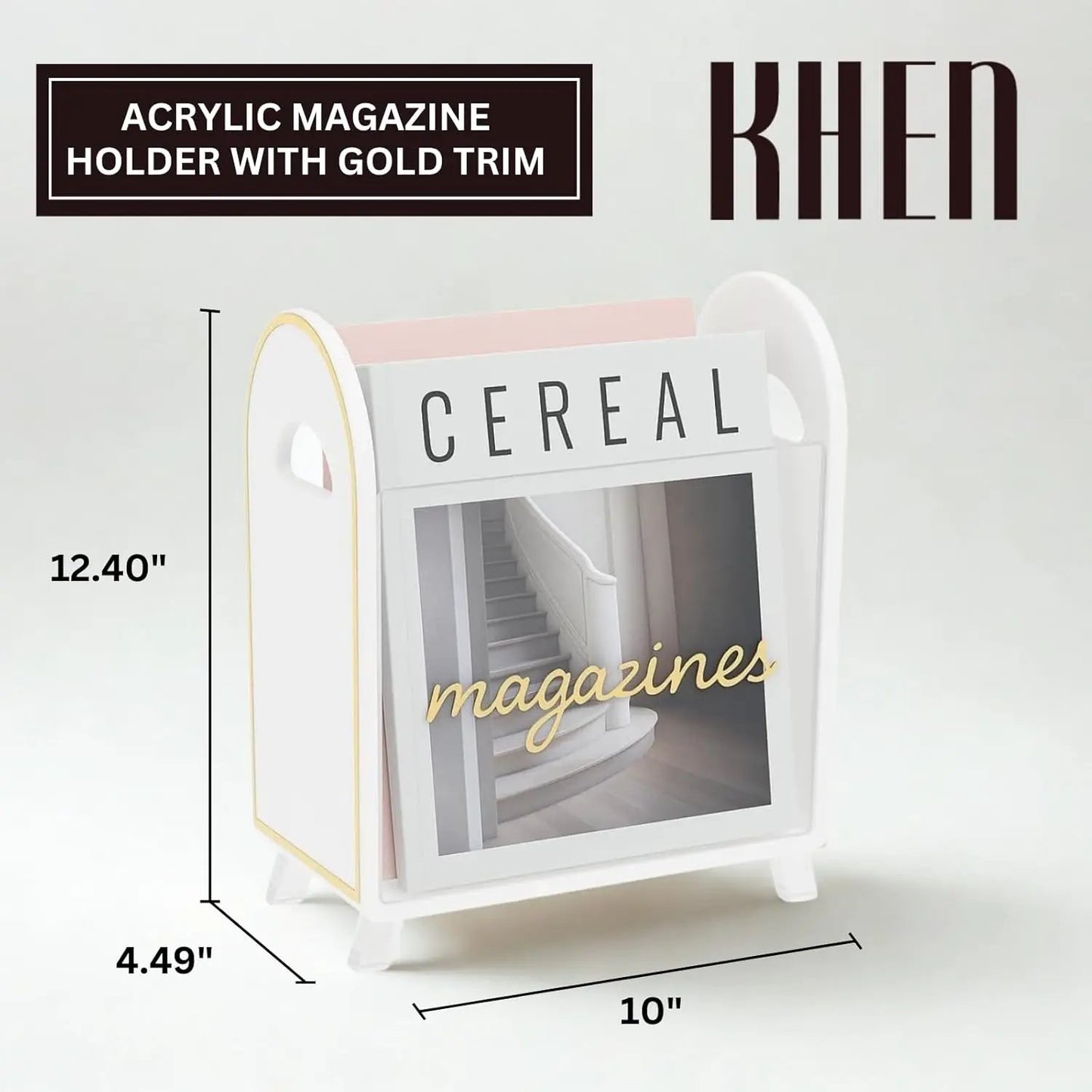 Khen Acrylic Magazine Holder with Gold Trim - 12.40" x 10" x 4.49" from PriceLows™