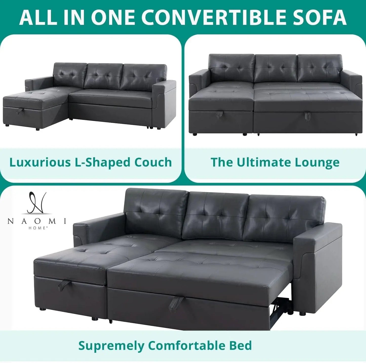 Sleeper Sectional Sofa With Convertible Bed In Dark Gray from PriceLows™