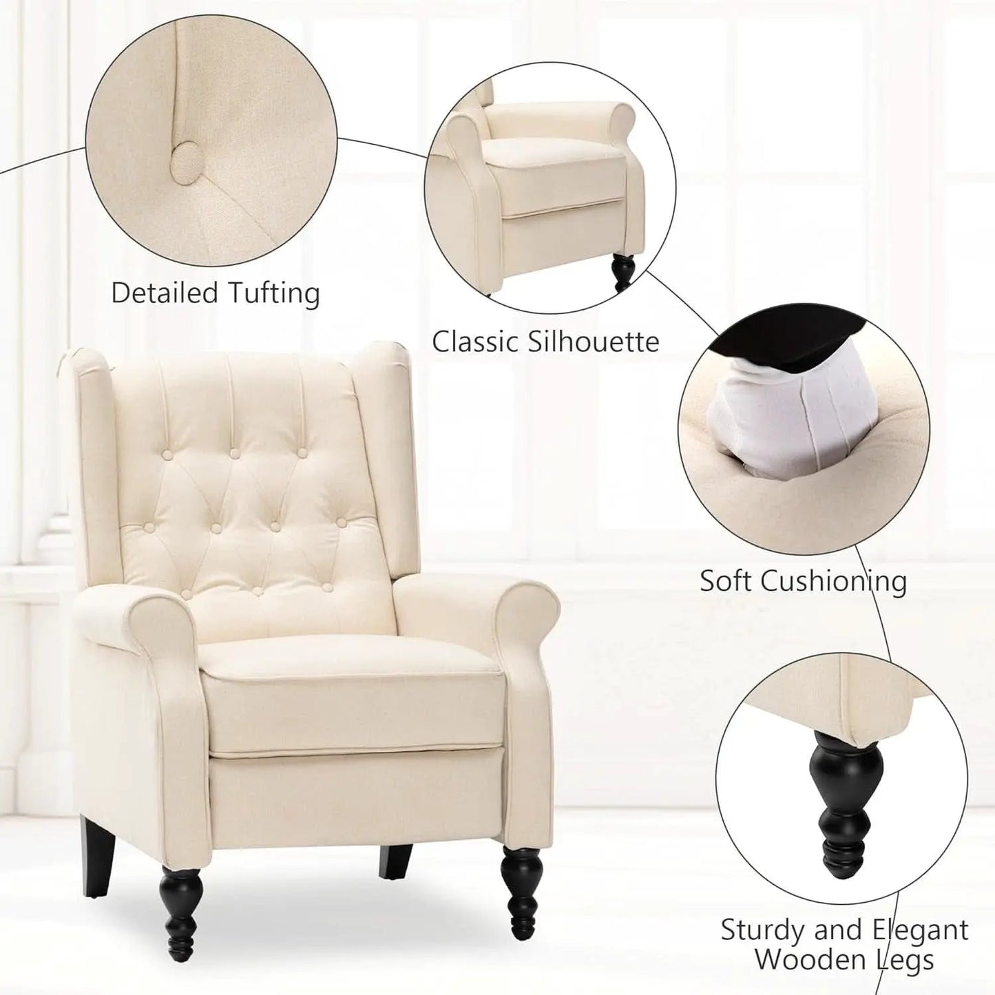 Beige Mid Century Wingback Recliner Chair With Upholstered Fabric from PriceLows™