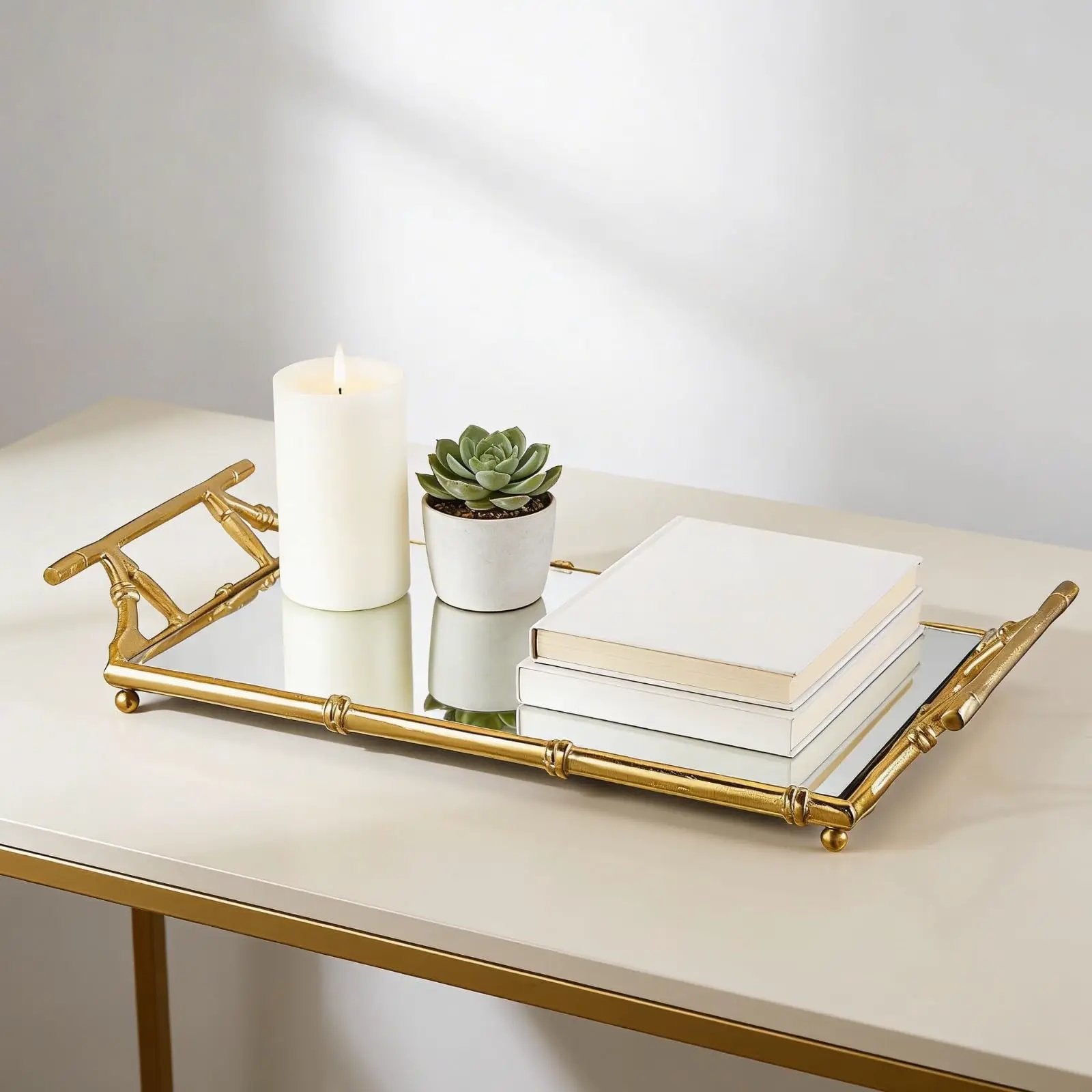 Gold Mirrored Decorative Tray, 20" Large Rectangular Aluminum Bamboo Frame from PriceLows™
