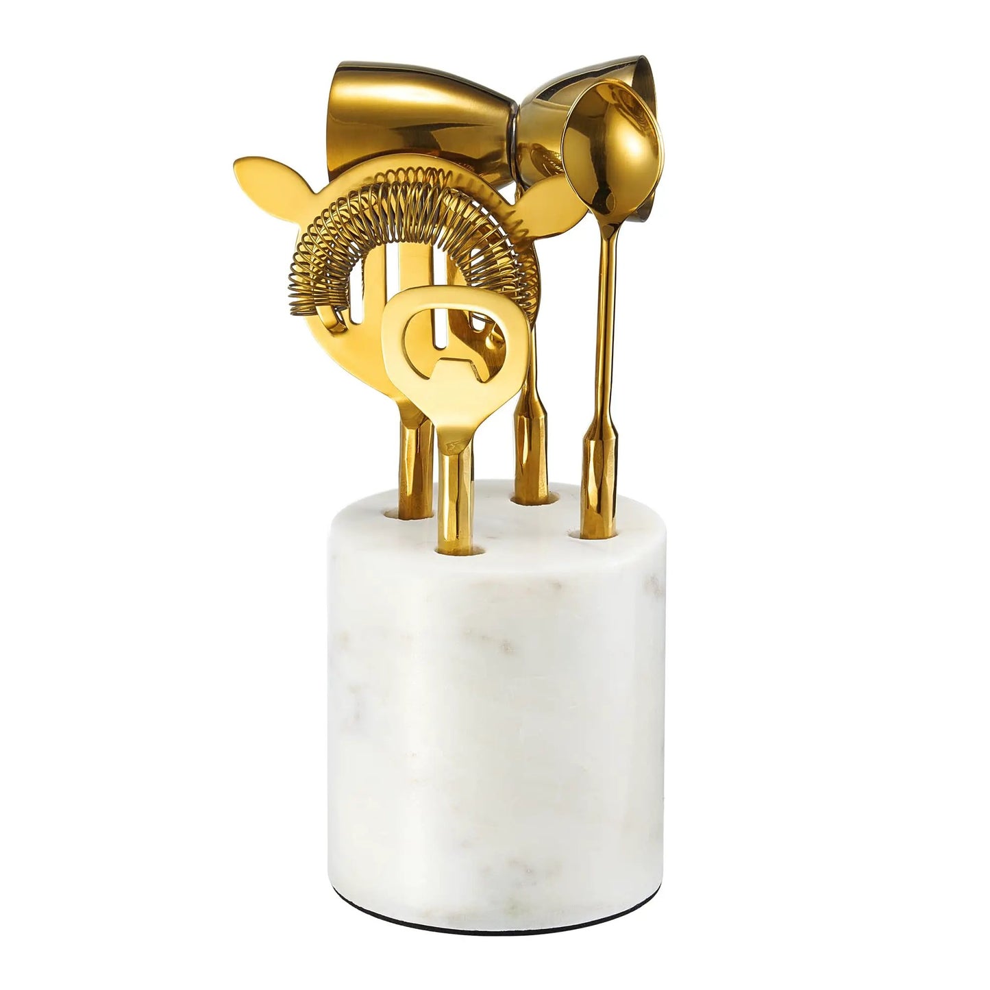 Gold Marble Cocktail Bar Tool Set, 5 Piece 9.06 x 3.75 Inch White Stone Holder Stainless Steel from PriceLows™