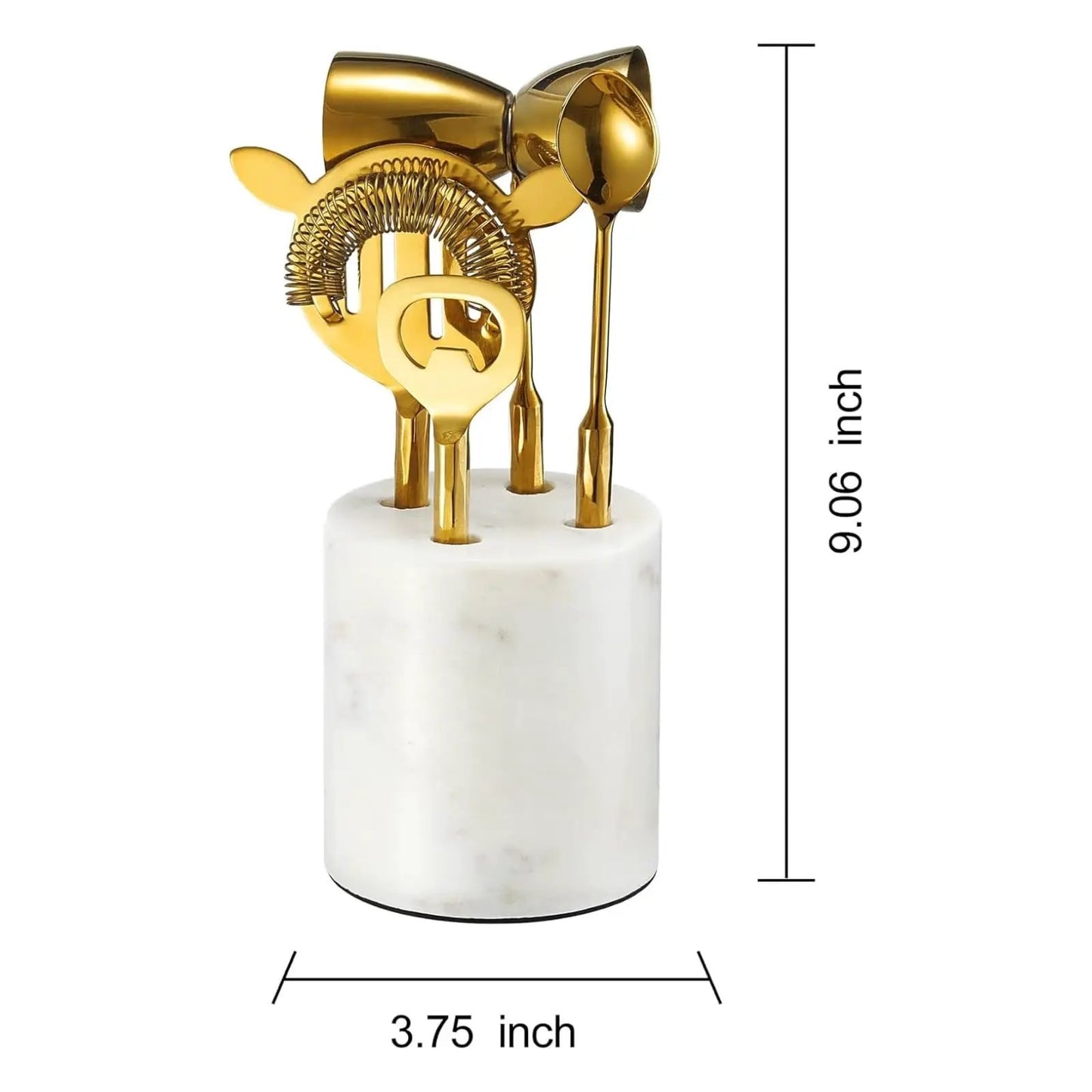 Gold Marble Cocktail Bar Tool Set, 5 Piece 9.06 x 3.75 Inch White Stone Holder Stainless Steel from PriceLows™