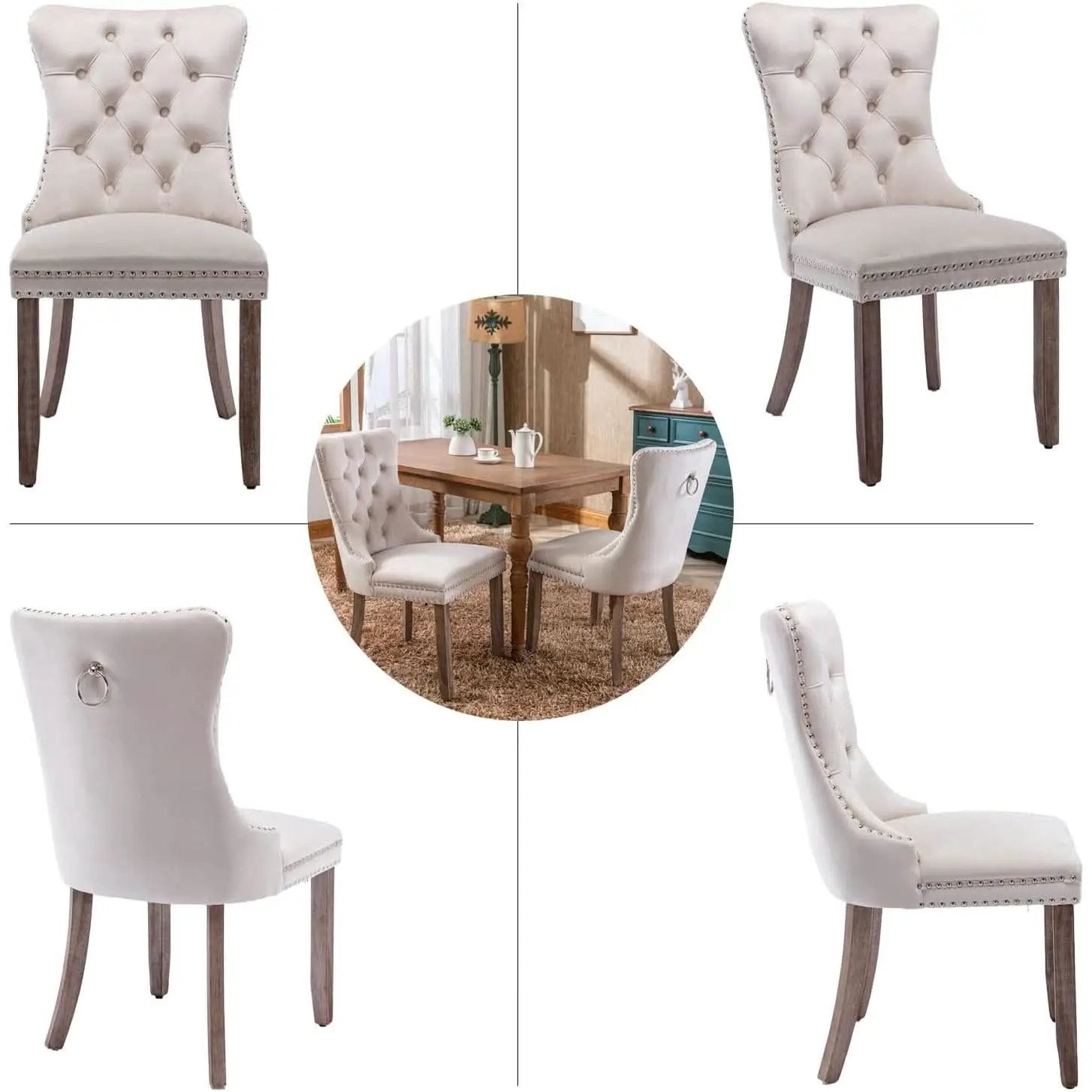 Beige Velvet Dining Chairs Set Of Six Tufted Wingback from PriceLows™