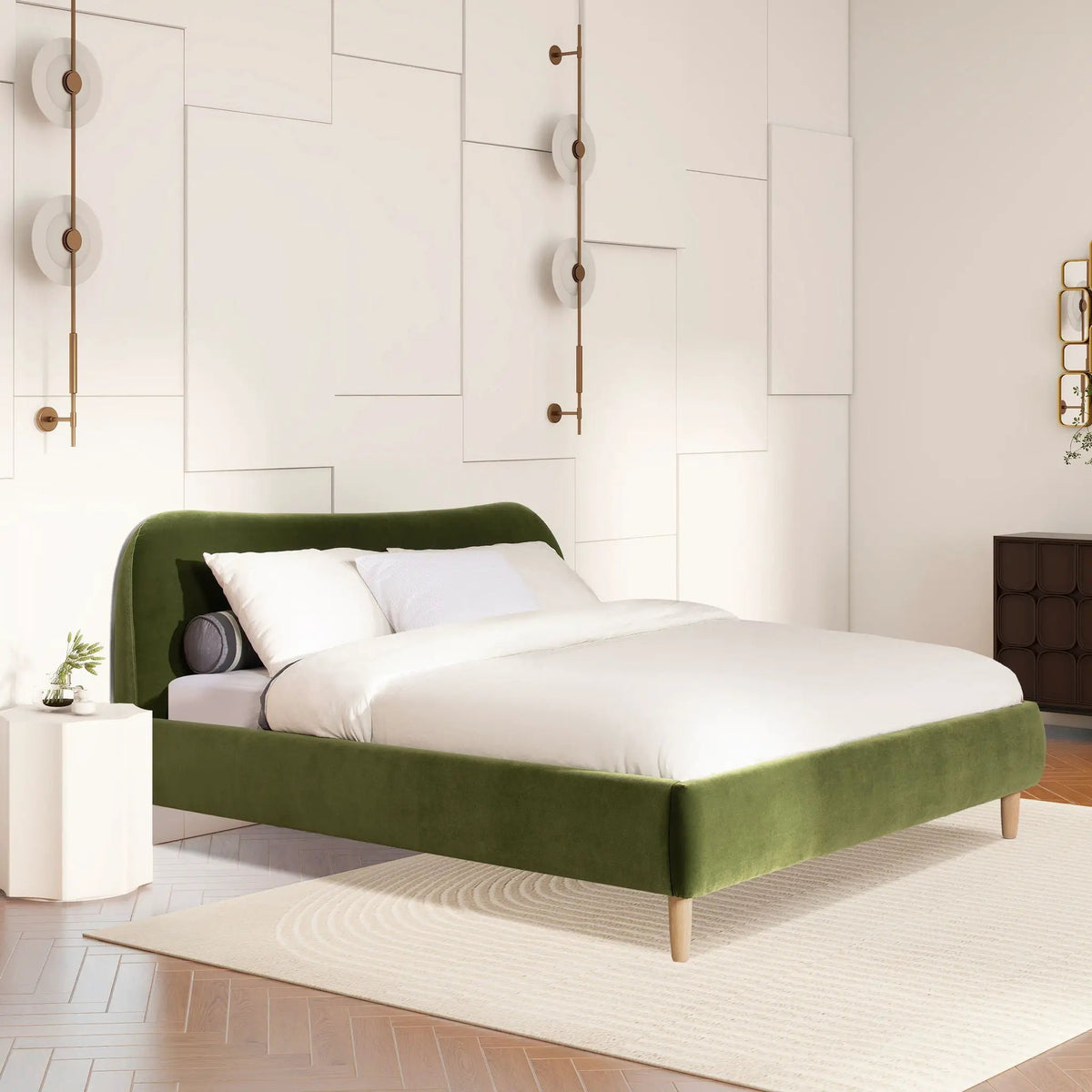 Roman Upholstered Platform Bed | Curved Headboard | Upholstered Rails | Eco-Friendly Construction