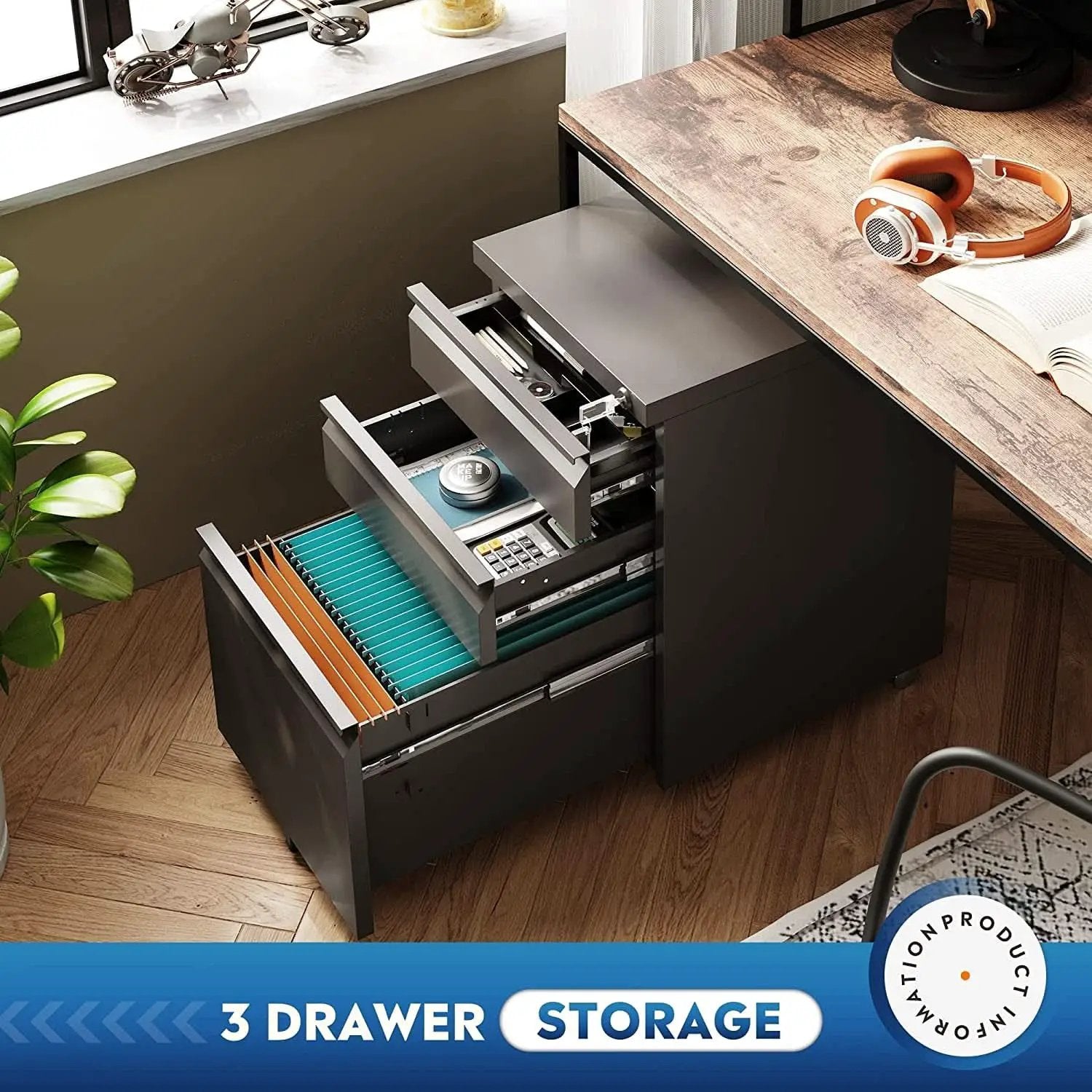 Compact Black Mobile Filing Cabinet Lockable With Drawers from PriceLows™