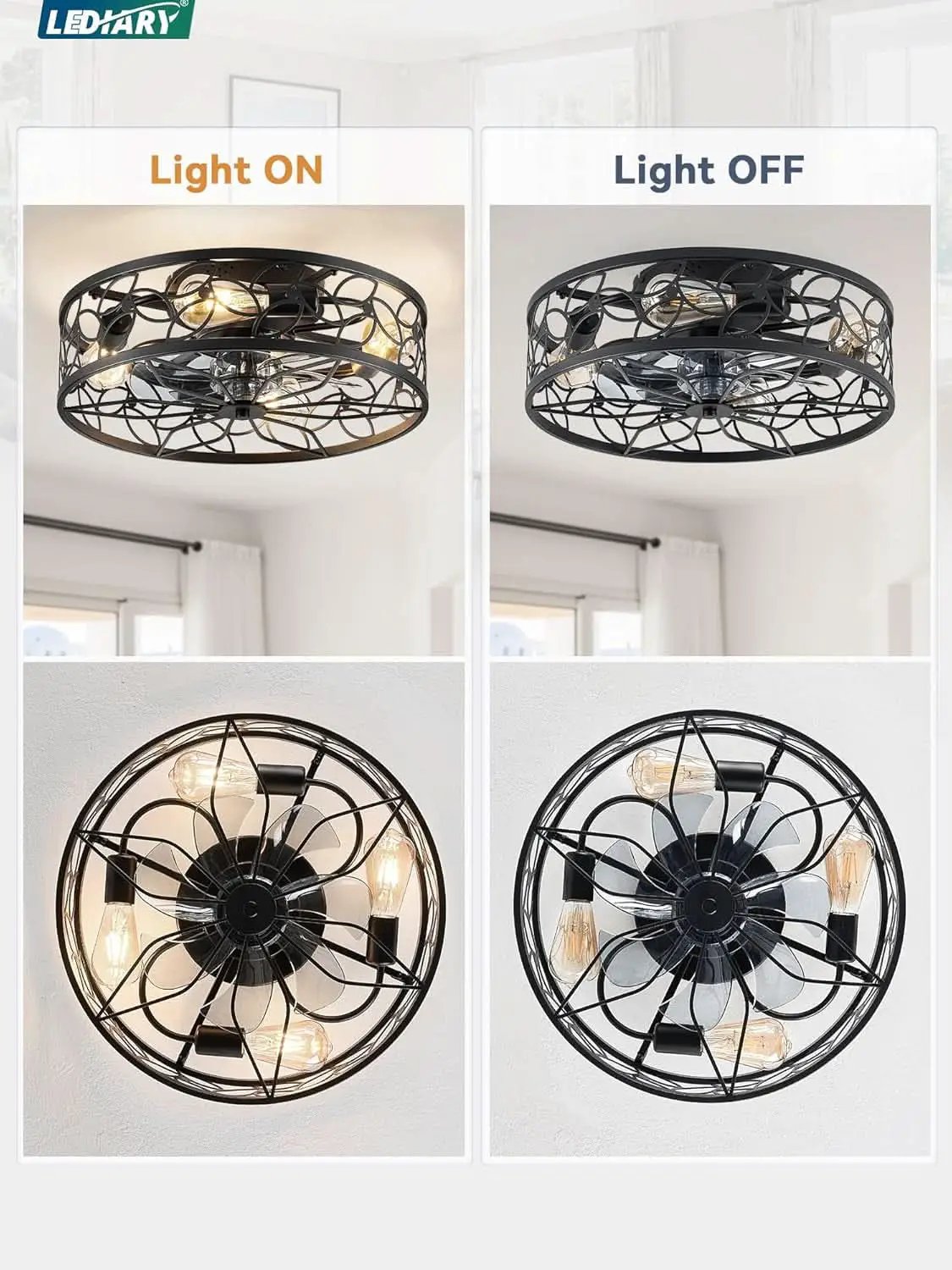 Black Caged Ceiling Fan With Lights Low Profile Flush Mount Remote from PriceLows™