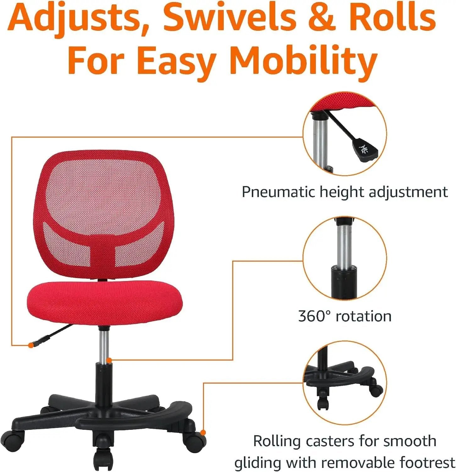 Kids Adjustable Mesh Low Back Swivel Desk Chair With Footrest Red from PriceLows™