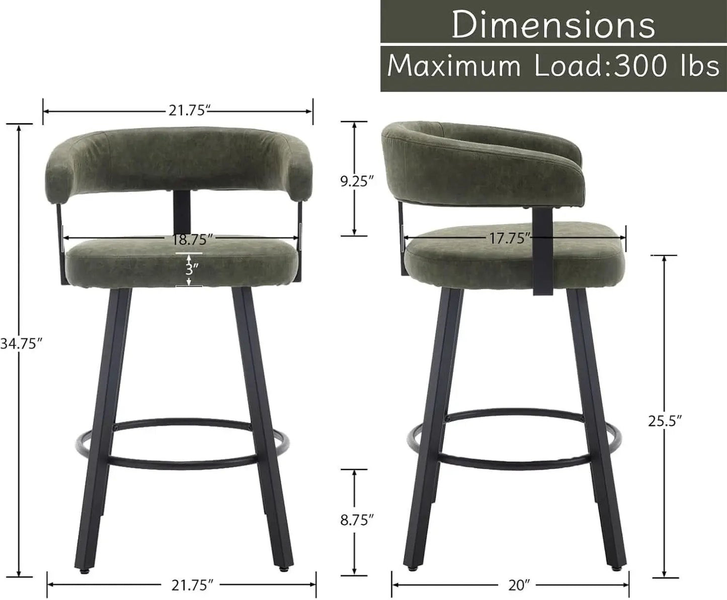 Green Leather Counter Height Bar Stools Set Of 4 With Backs 25 Inch from PriceLows™