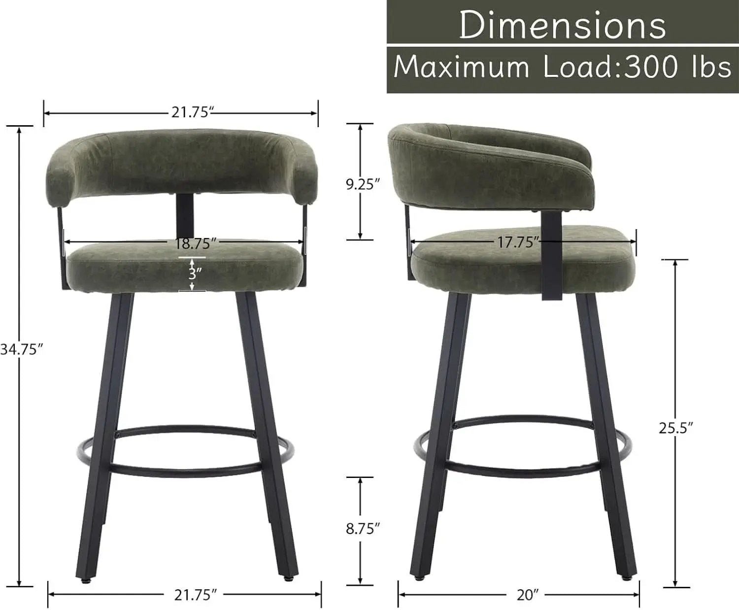 Green Leather Counter Height Bar Stools Set Of 4 With Backs 25 Inch from PriceLows™