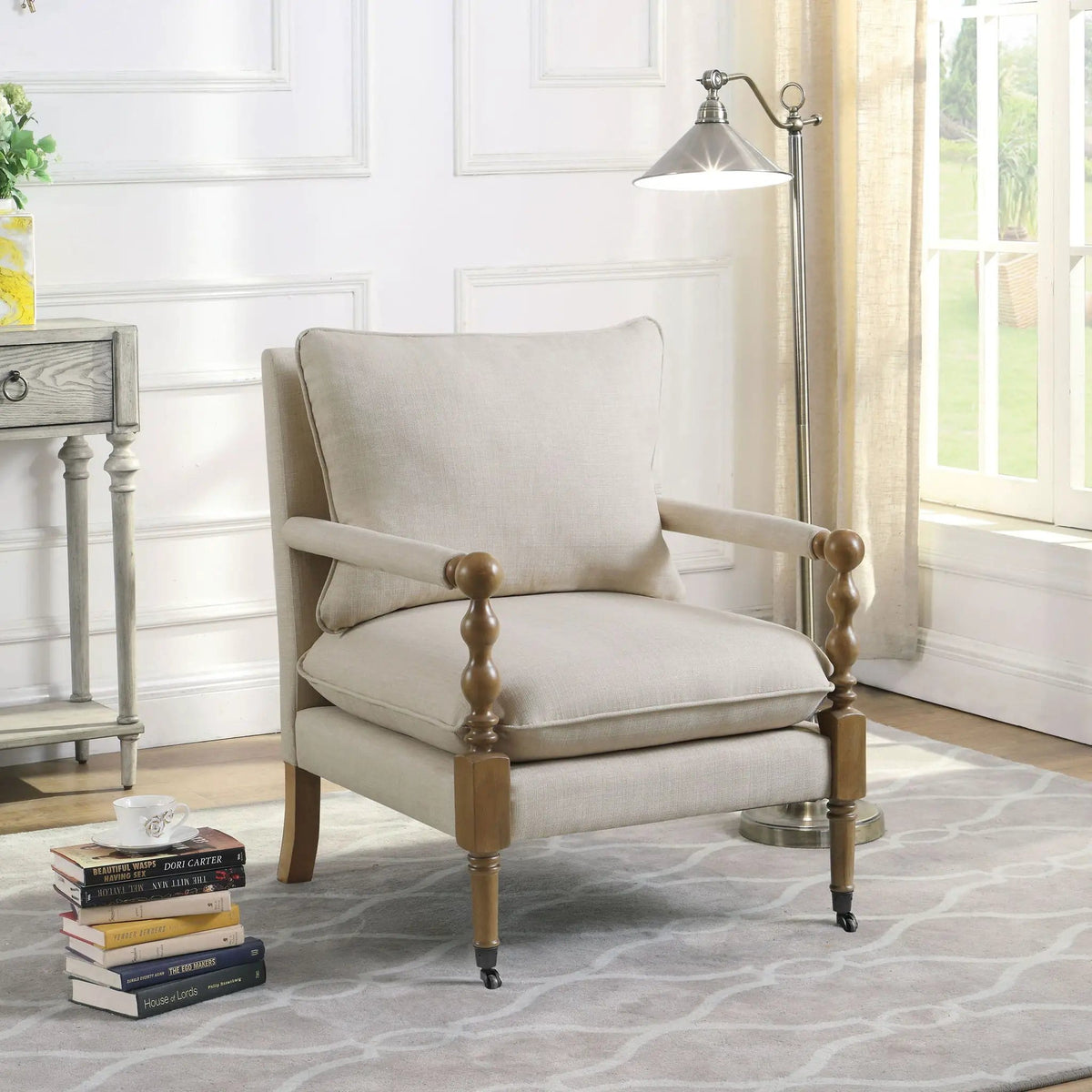 Dempsy Upholstered Accent Chair with Casters | 26.5 x 31 x 35.5 in | Rubberwood & Linen | Beige