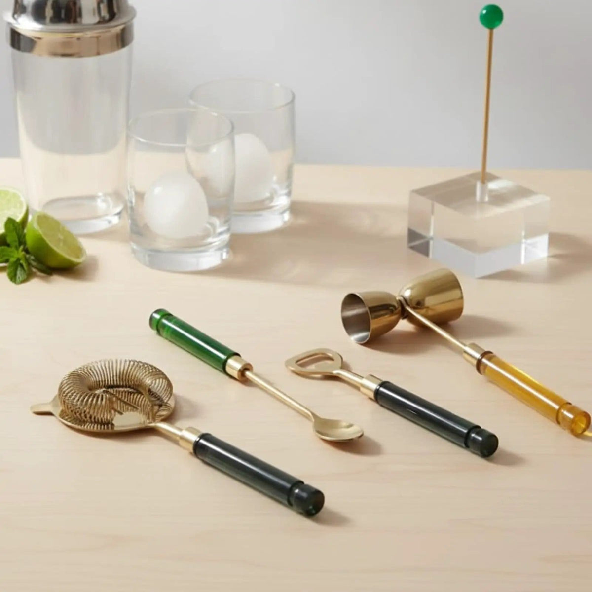 5-PC Gold Bartender Kit with Stand & Color Handles | Set of 5 | Steel | Bottle Opener