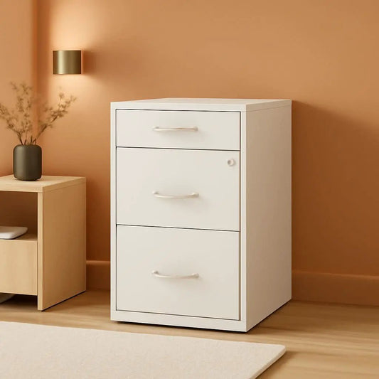 Pearl White 18 Inch Deep 3 Drawer Metal File Cabinet from PriceLows™