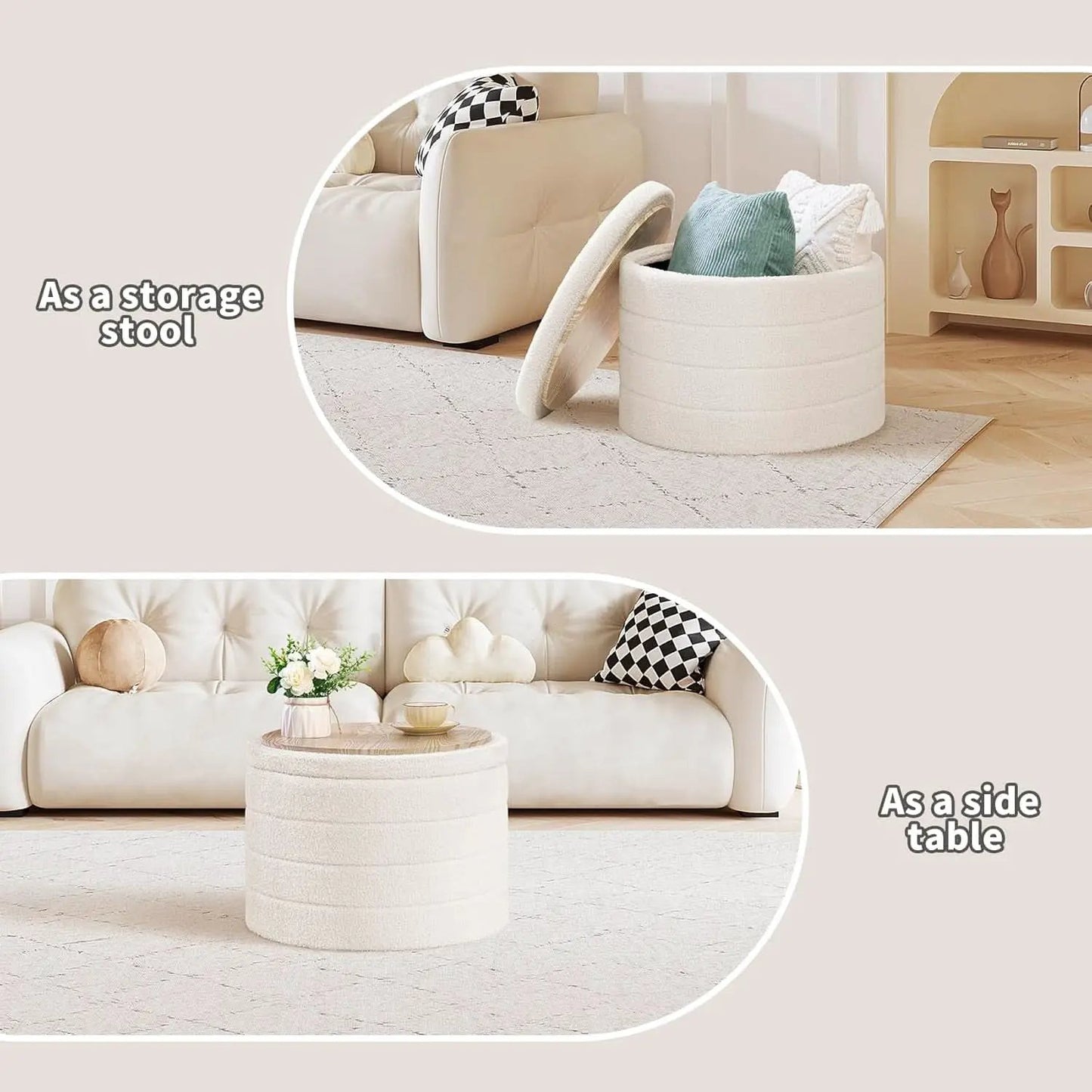 White Round Storage Ottoman Ultra Durable Cozy Elegant from PriceLows™