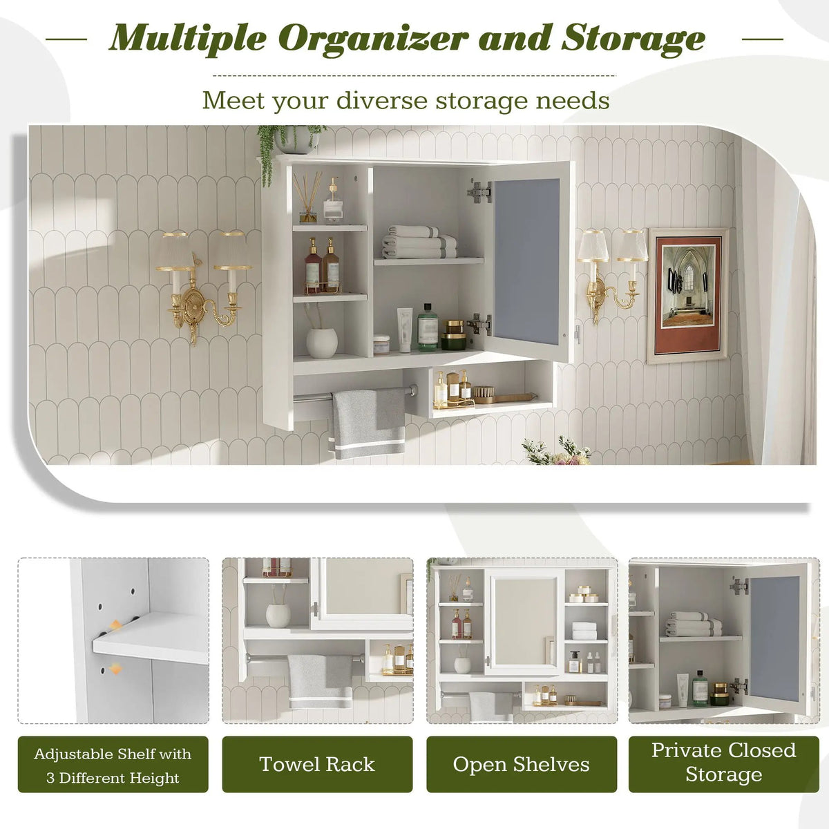 Wall Mount Mirror Cabinet | Adjustable Shelves | Soft Close Hinges | White