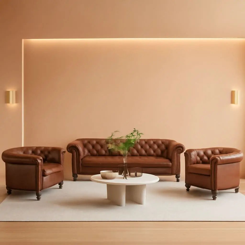 3 Piece Chesterfield Leather Living Room Set Sofa Loveseat Chair Dark Brown with Scroll Arms and Nailhead from PriceLows™
