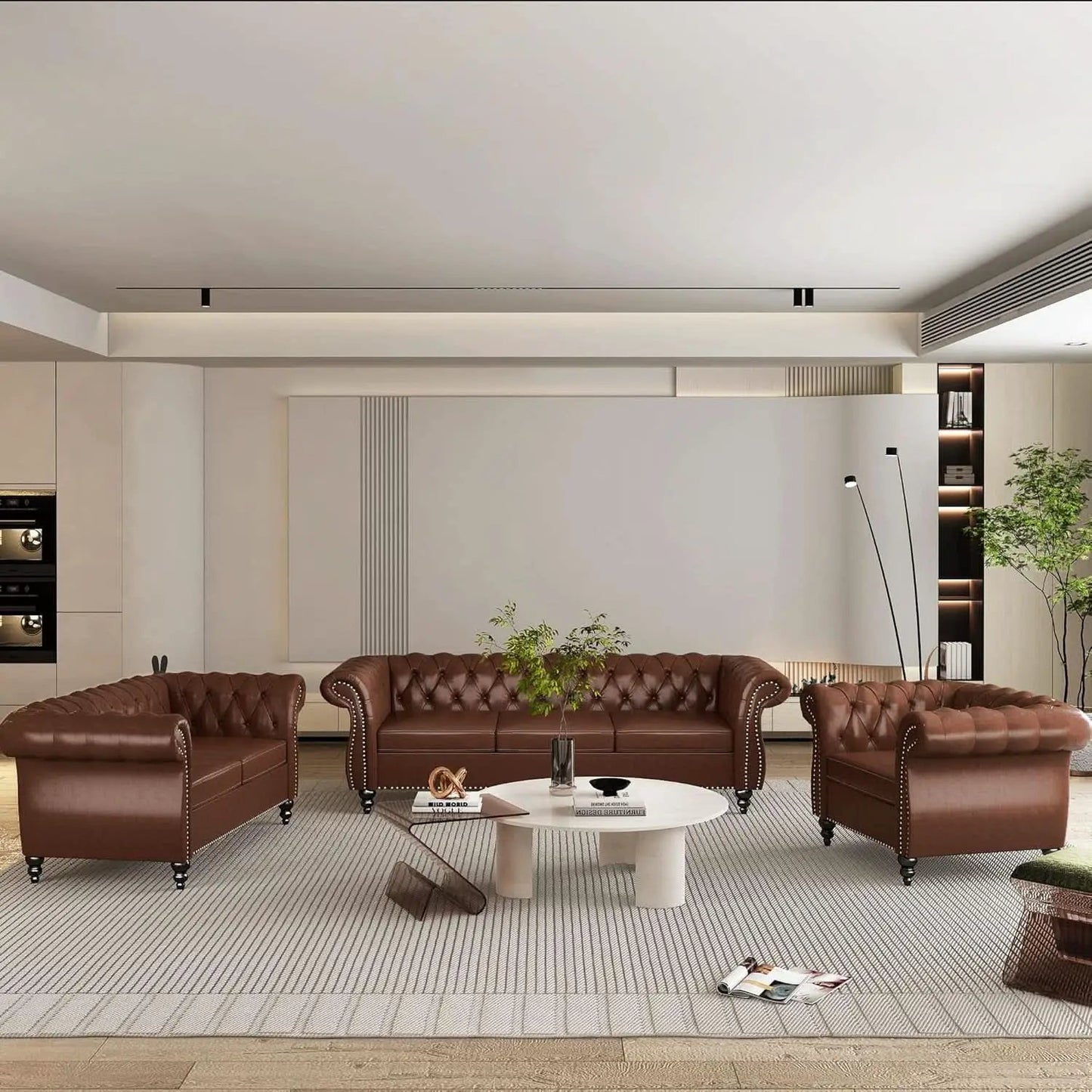 3 Piece Living Room Set With Sectional Chesterfield Sofa Chair And Leather Upholstered Loveseat from PriceLows™