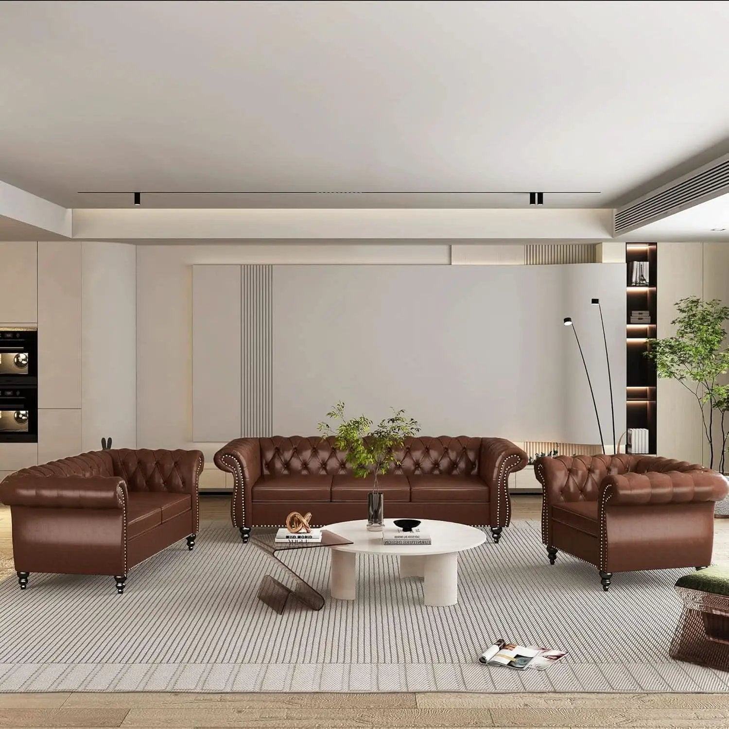 3 Piece Living Room Set With Sectional Chesterfield Sofa Chair And Leather Upholstered Loveseat from PriceLows™