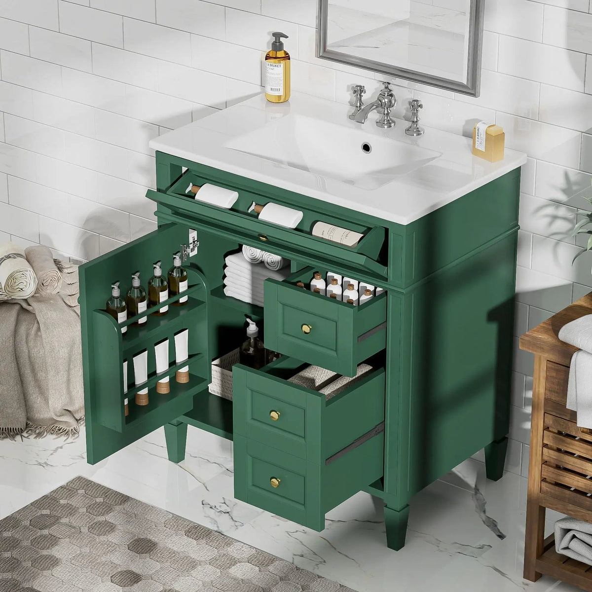 30 Inch Bathroom Vanity With Top Sink | 2 Drawers | Tip-Out Drawer | Vintage-Inspired Handles
