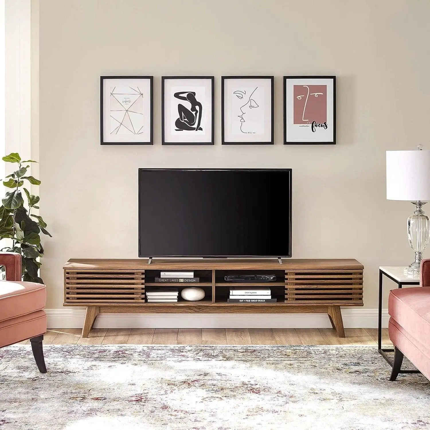 70 Inch Mid Century Modern Walnut TV Stand Console from PriceLows™