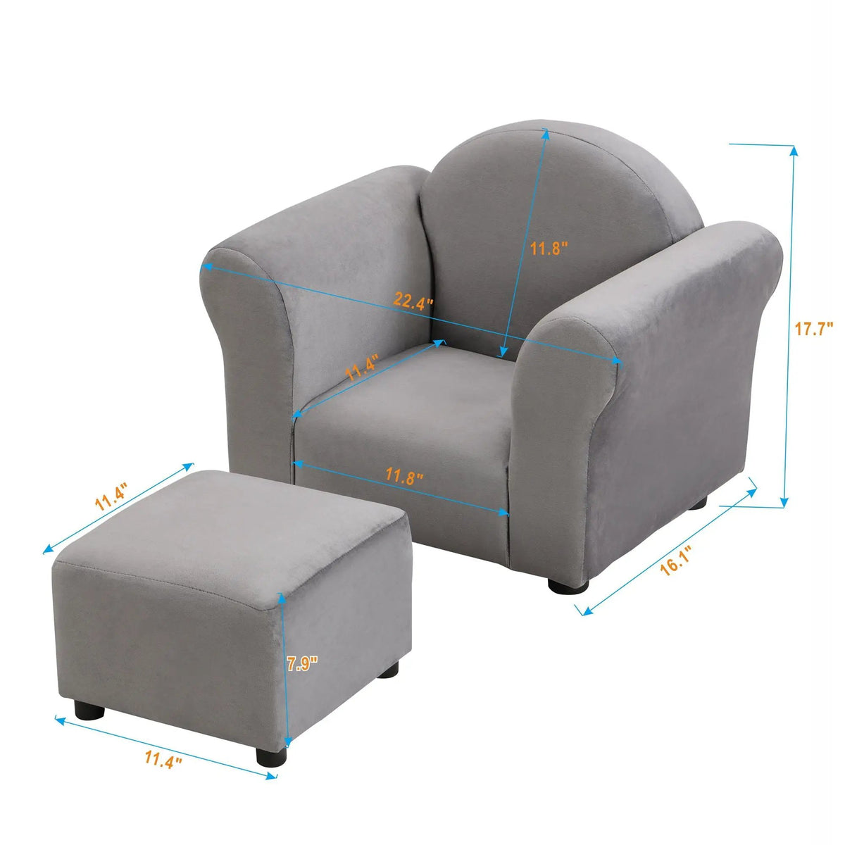 Kids Recliner | Upholstered Couch With Ottoman | Dark Gray