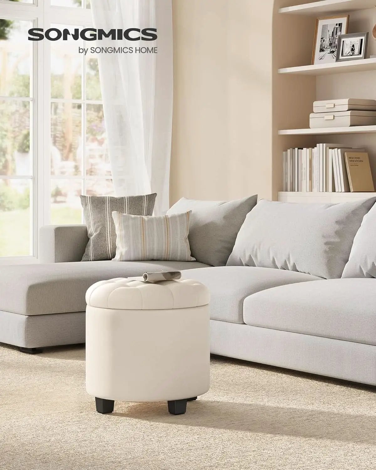 Round Ottoman With Durable Storage Linen-Look Beige from PriceLows™