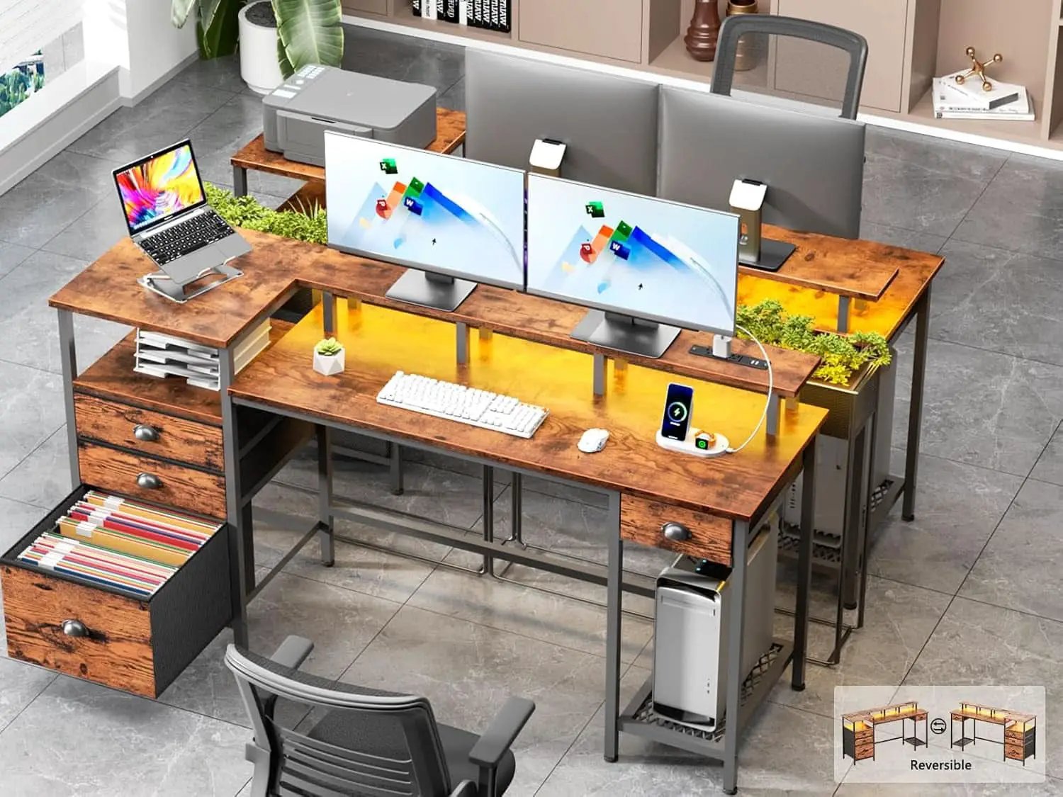 60 Inch Computer Desk With Storage Drawers And LED Lights from PriceLows™