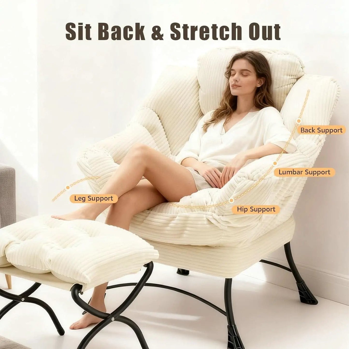 Oversized Corduroy White Reading Chair With Ottoman from PriceLows™