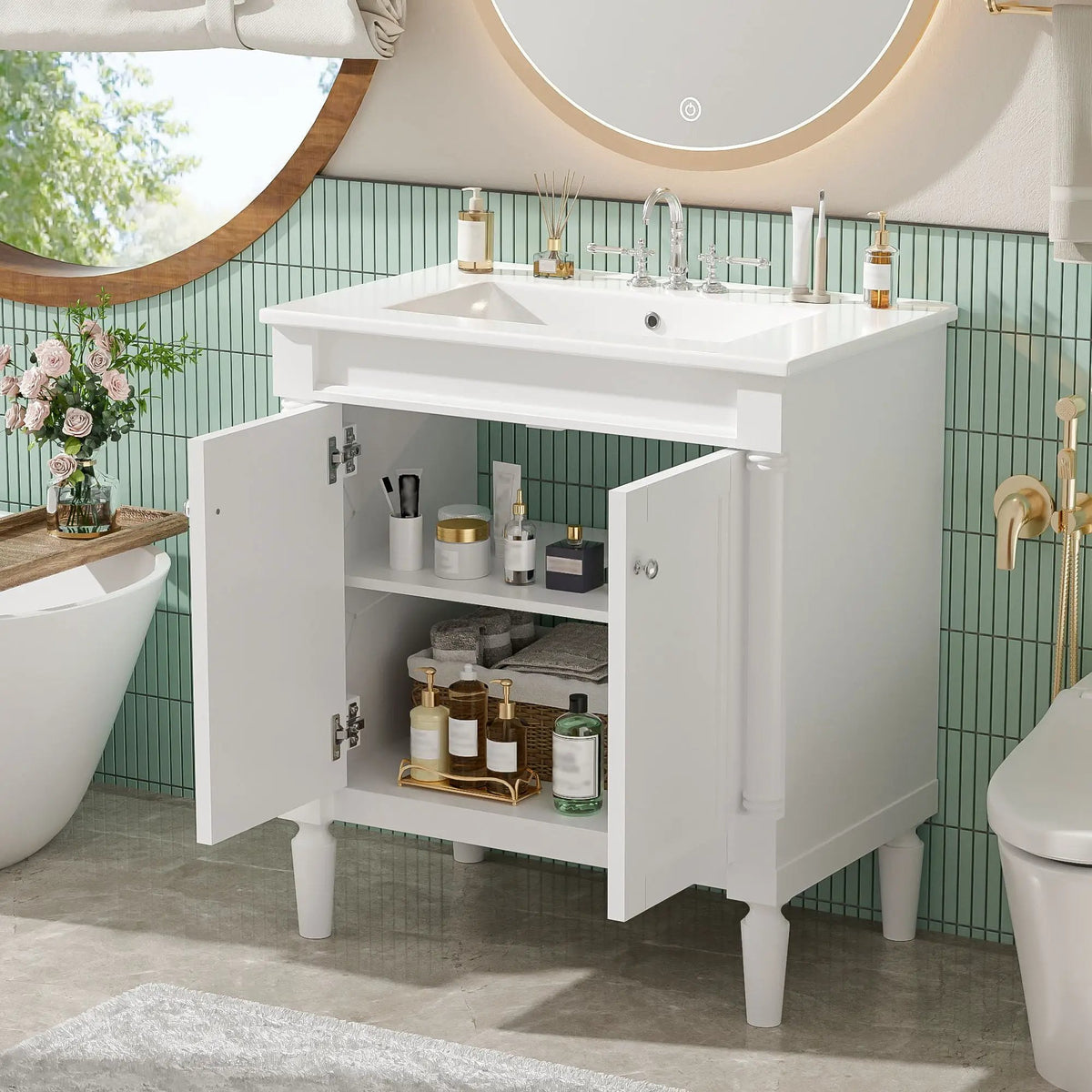 30 Inch Bathroom Vanity With Sink | Soft Close Doors | Carved French Detailing | Adjustable Shelf