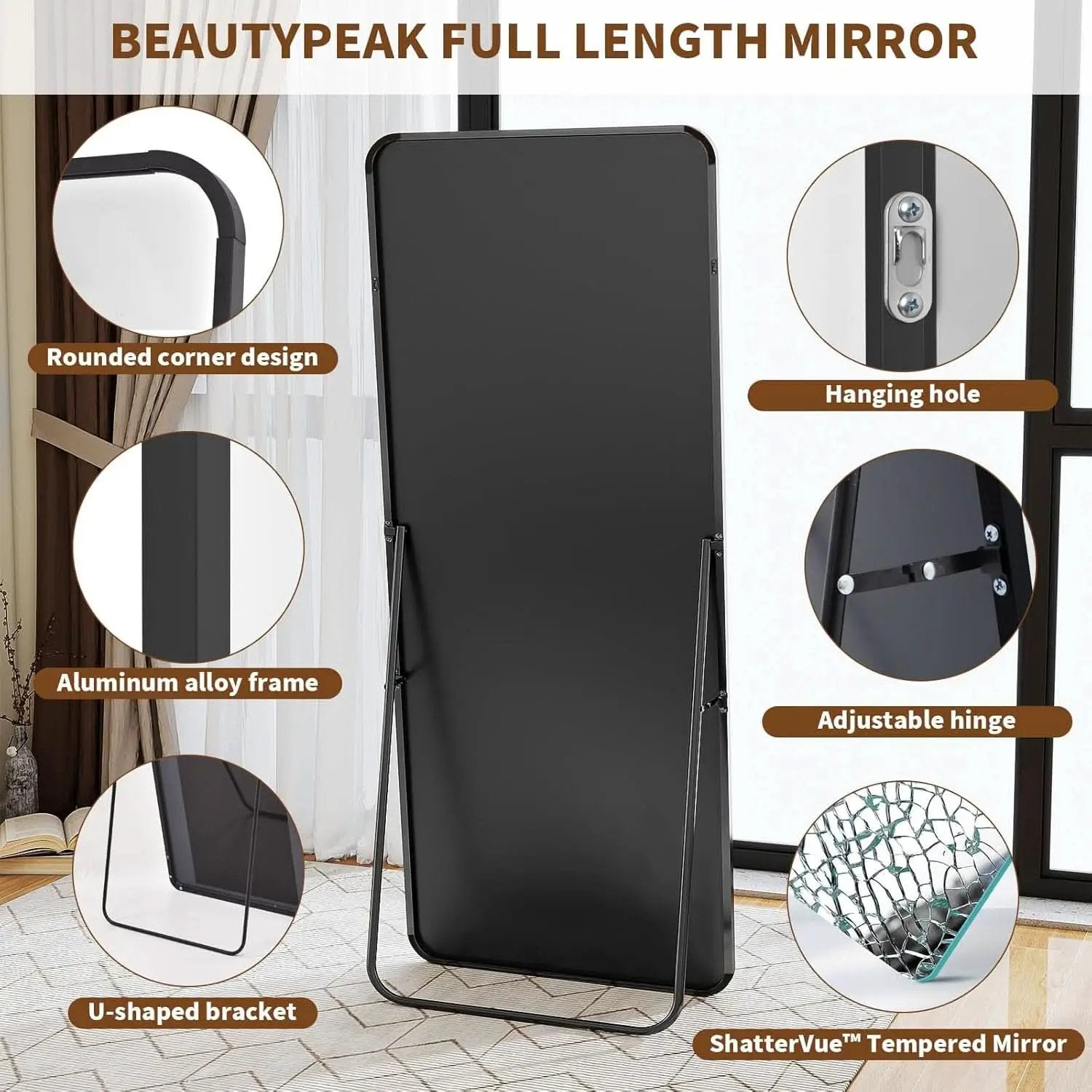 Full Length Floor Mirror 56 Inch Tall Black Freestanding from PriceLows™