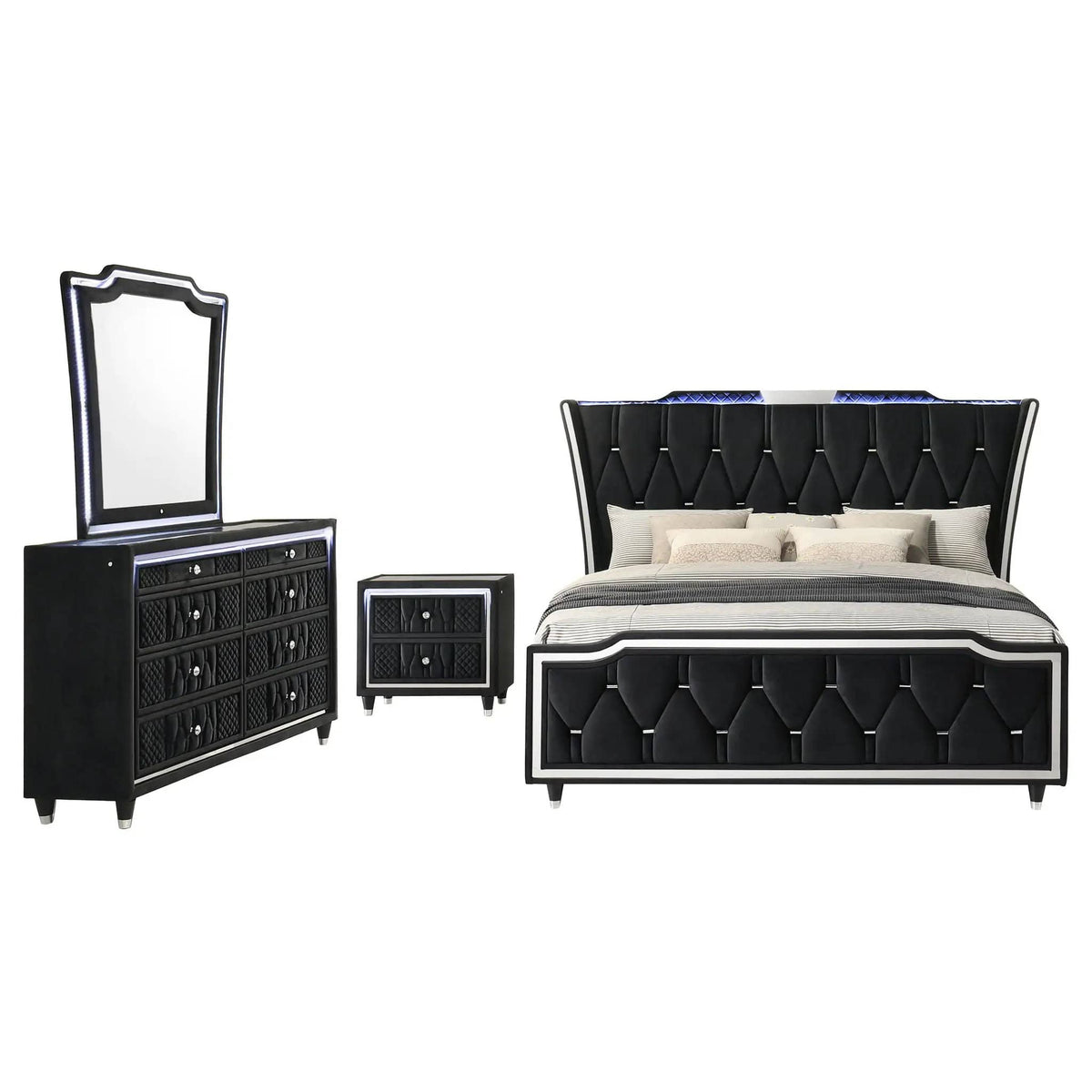 Lorient 4-piece Queen Bedroom Set | 4-Piece Set | Velvet & Tempered Glass | Black
