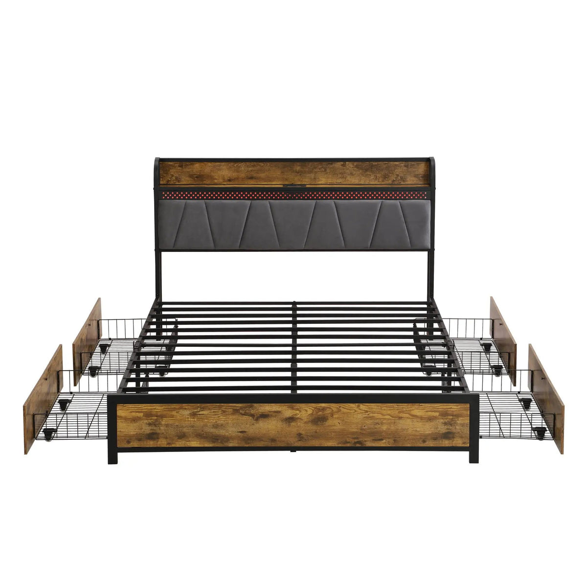 Modern Storage Bed Frame | LED Lights With Remote | Upholstered Headboard | USB Charging Station