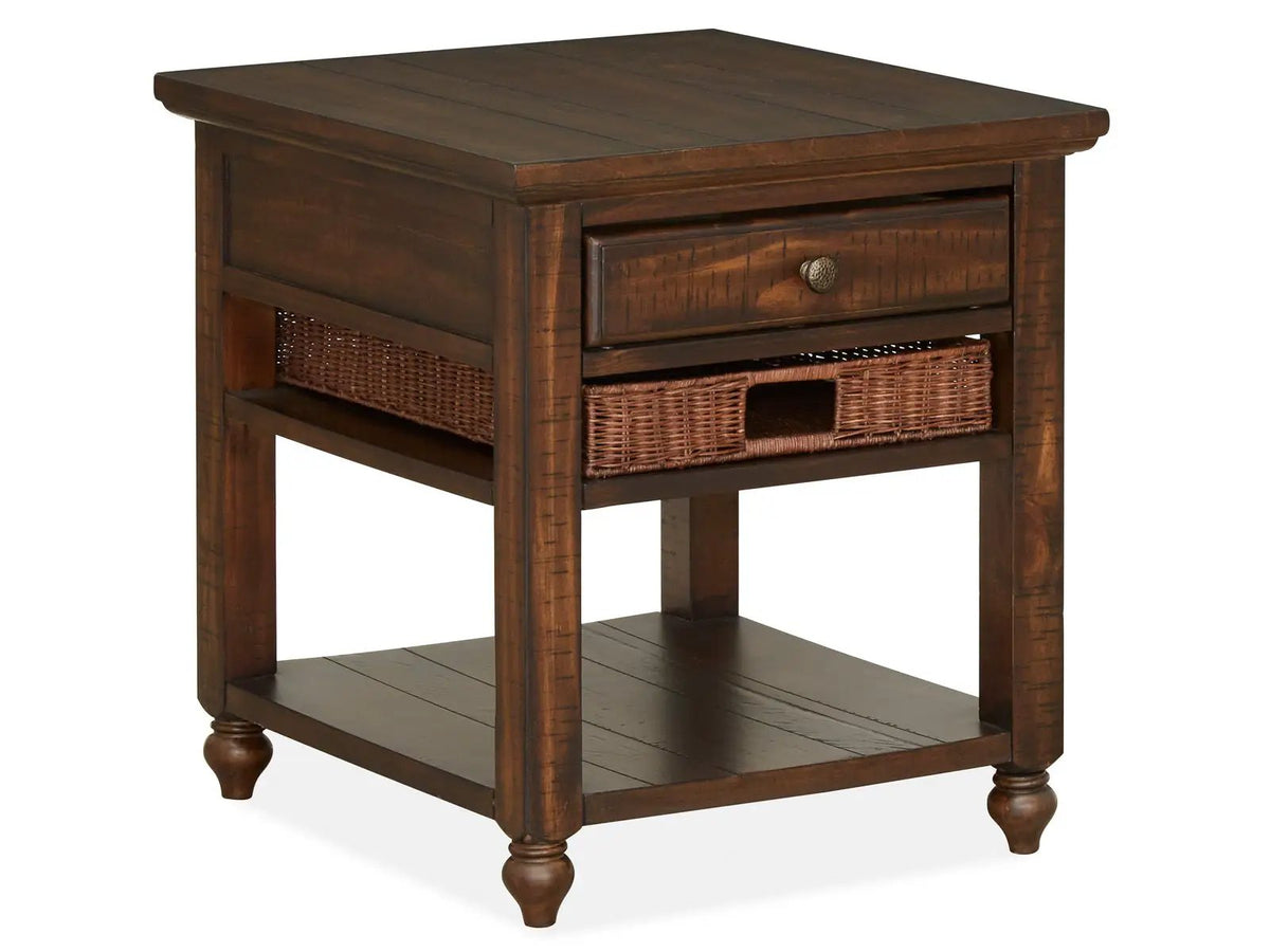 Cottage Lane Rectangular End Table | Coffee Finish | Rattan Baskets | Top Drawer