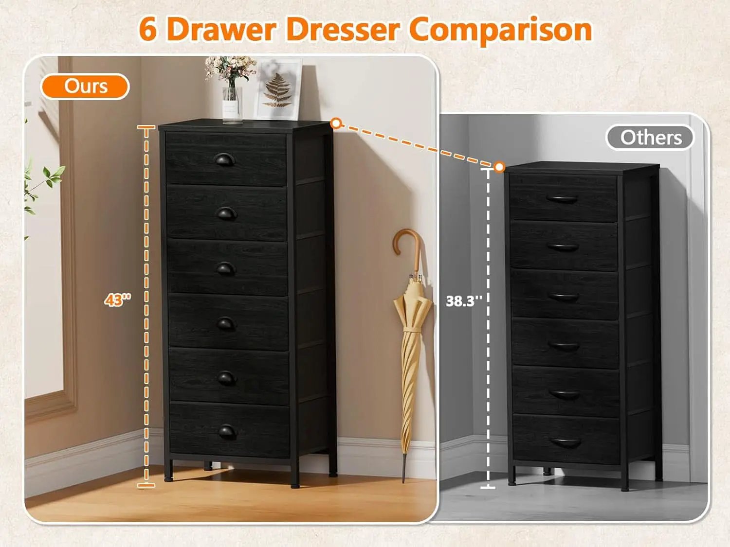 Tall Dresser With 6 Drawers Black Vertical Nightstand from PriceLows™