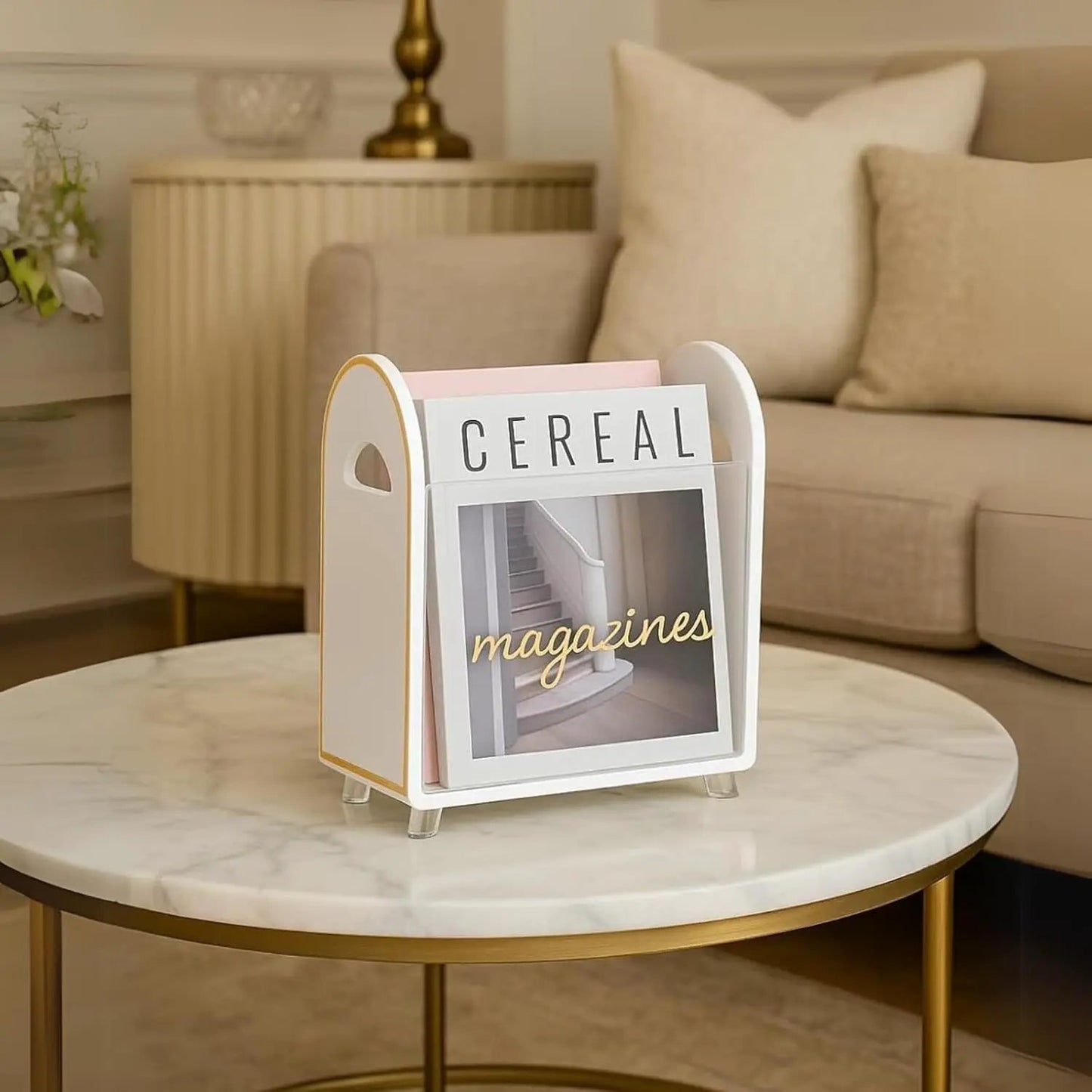 Khen Acrylic Magazine Holder with Gold Trim - 12.40" x 10" x 4.49" from PriceLows™
