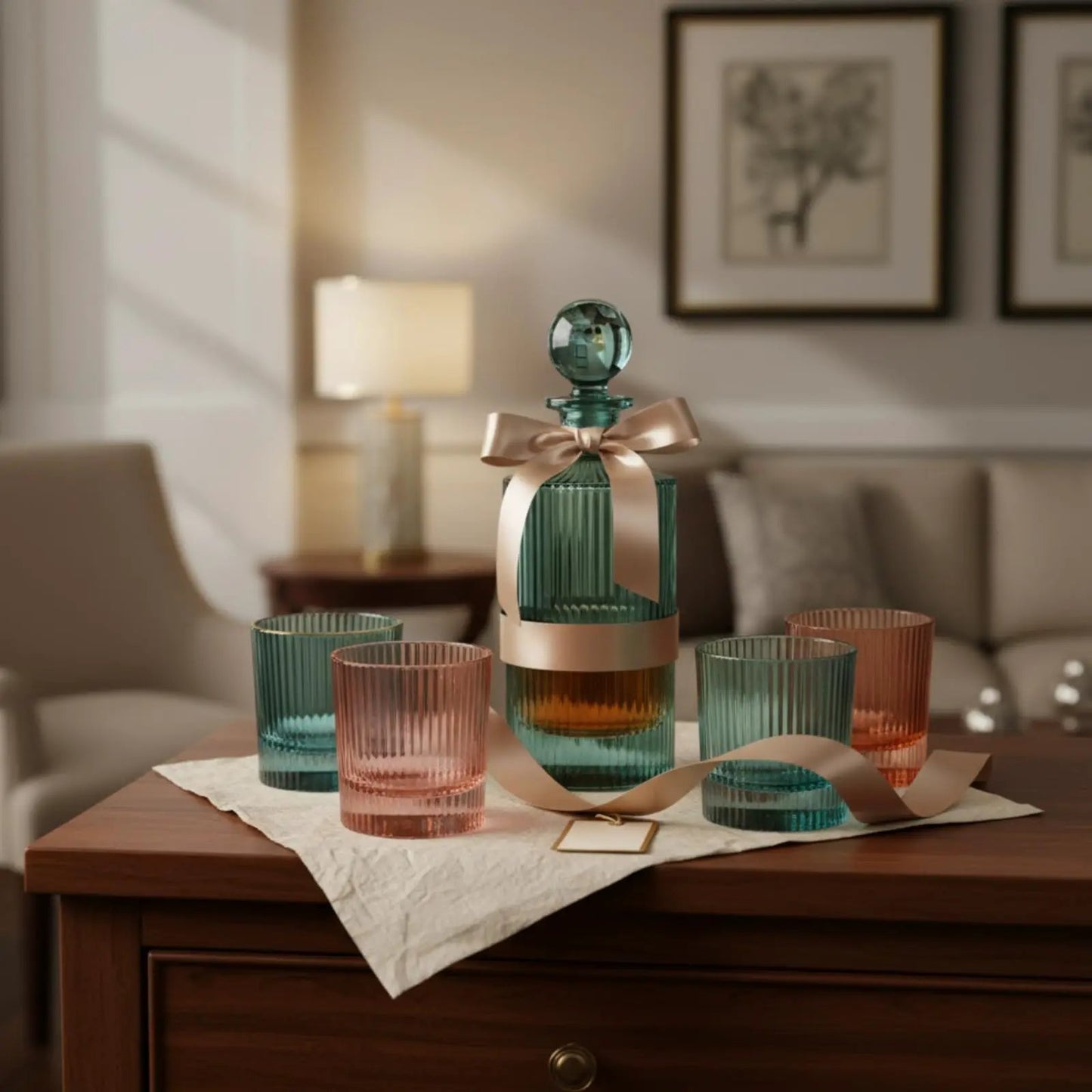 Khen Ribbed Decanter Set with 4 Glasses – Whiskey Bourbon Scotch from PriceLows™