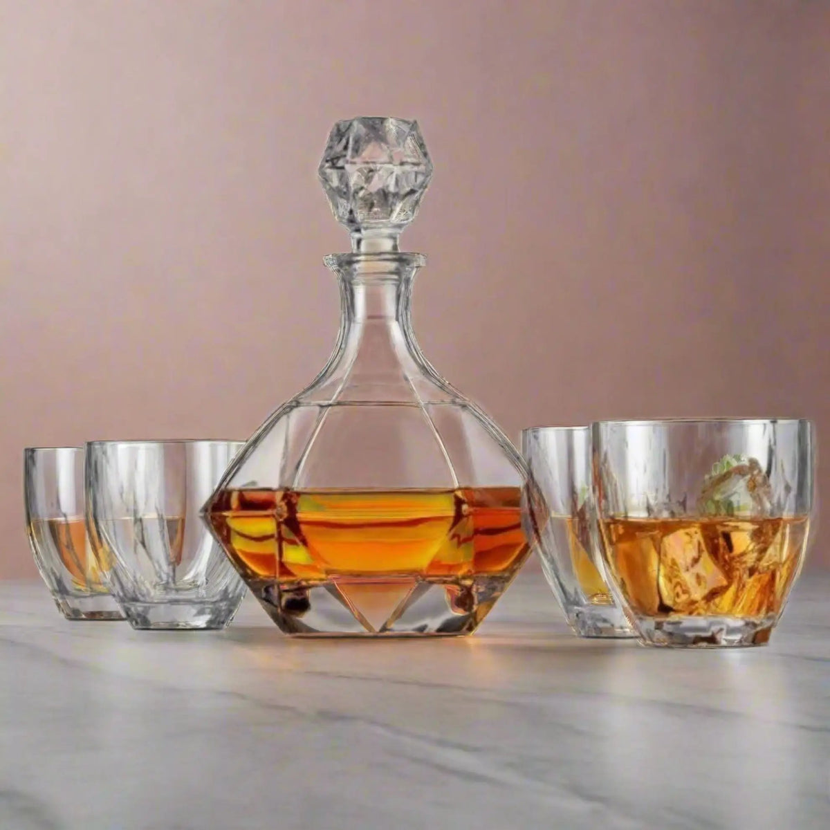 Decanter Set | Diamond Cut Glass | With Four Glasses | Luxury Barware