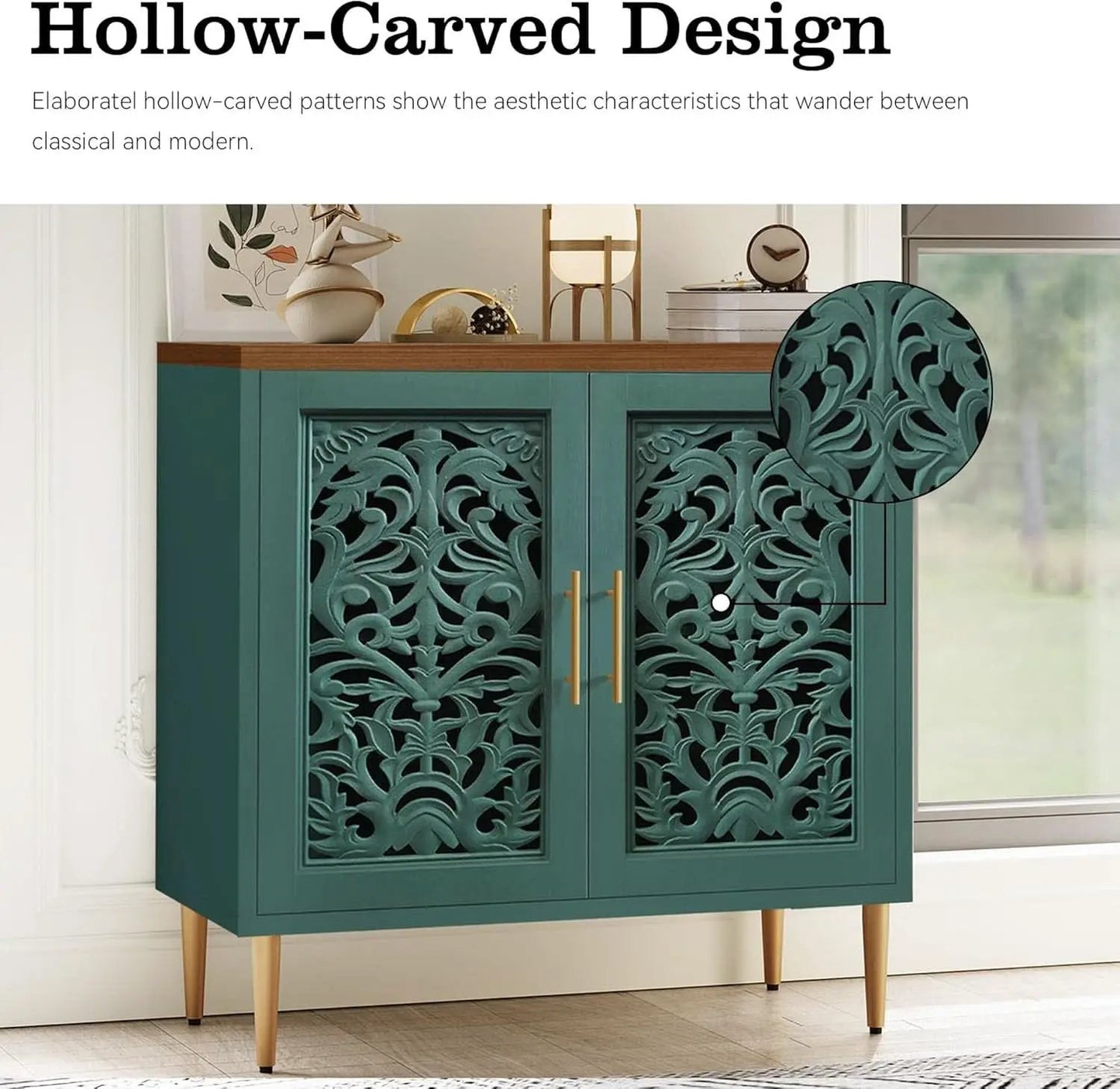 Green Accent Cabinet Carved Storage Vintage Furniture from PriceLows™