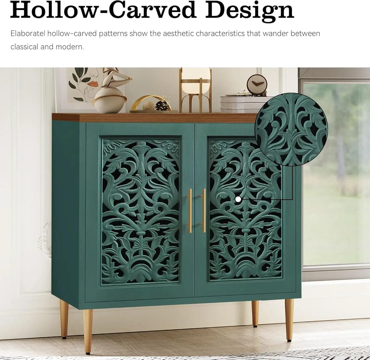 Green Accent Cabinet Carved Storage Vintage Furniture from PriceLows™
